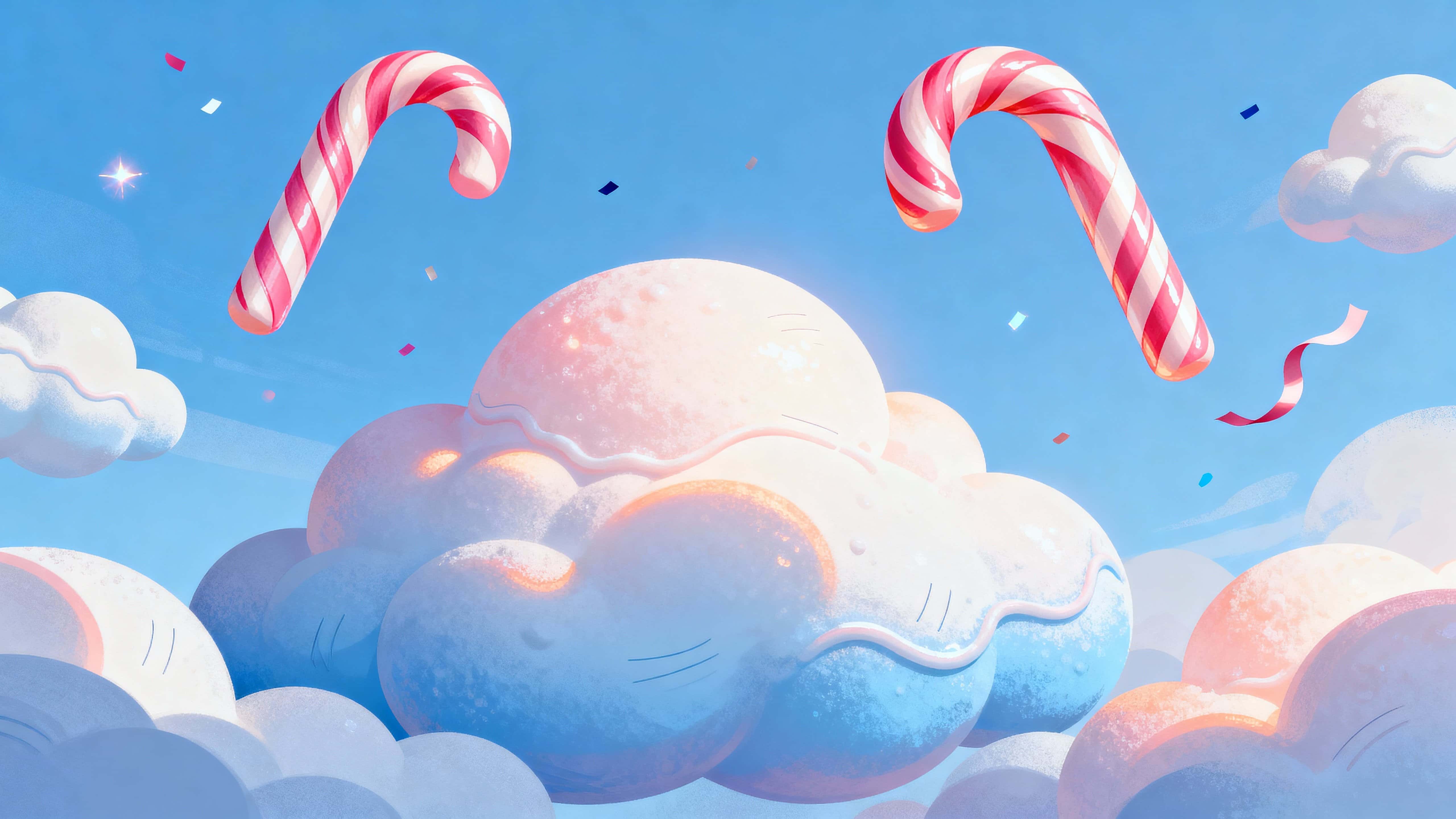 Cloud-like candy cane shapes float across a soft 16:9 sky, arranged for cinematic framing with gentle motion cues and a pastel color study for whimsical illustration use.