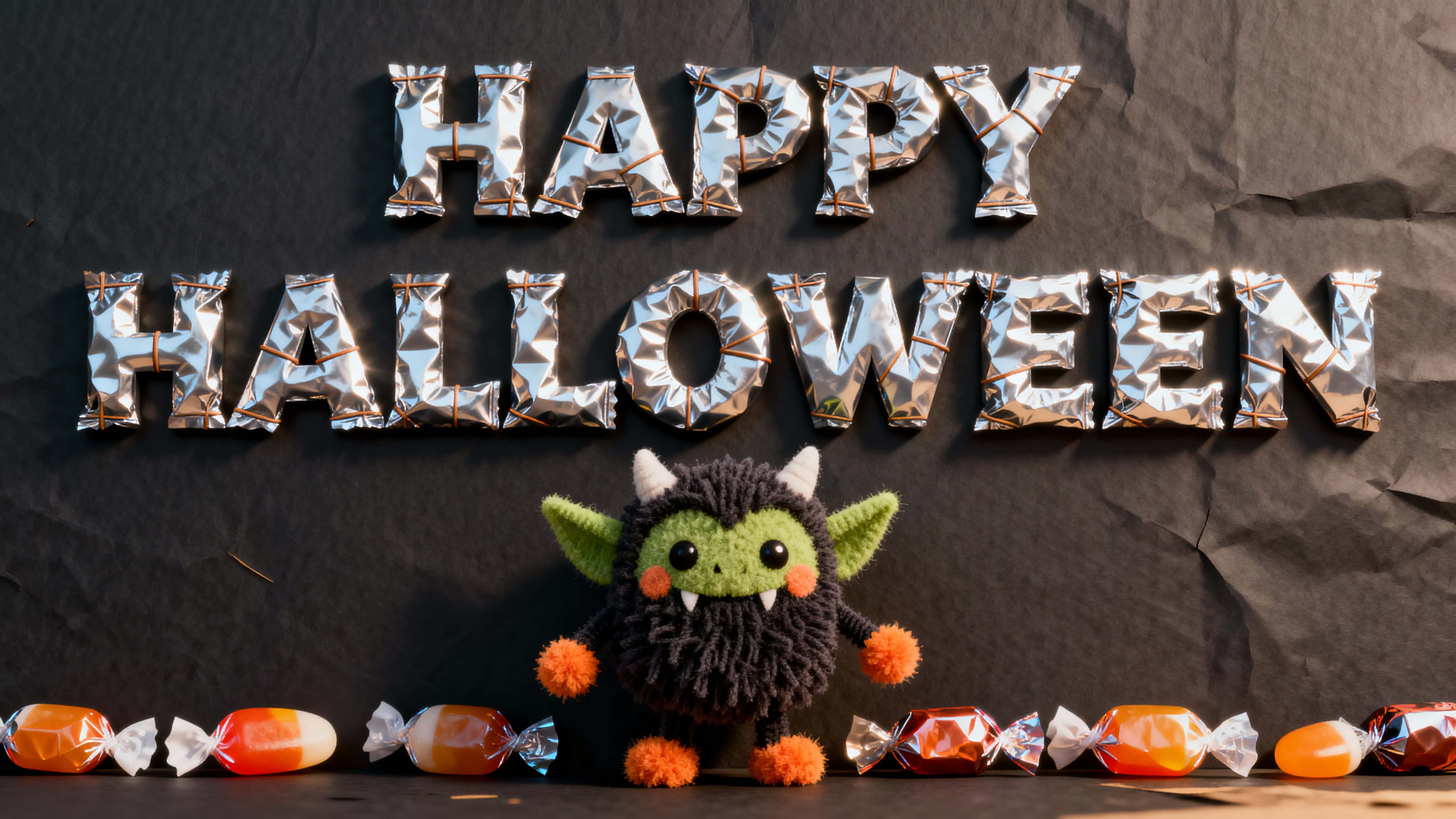 3D photo-quality render of extruded “HAPPY HALLOWEEN” candy-foil with embossed seams; a chenille goblin arranges wrapped candies along the baseline in 16:9, foil accents #FF6A00 #FF4DA6 #B7FF3A against kraft #5B4326 with speculars #FFFFFF #