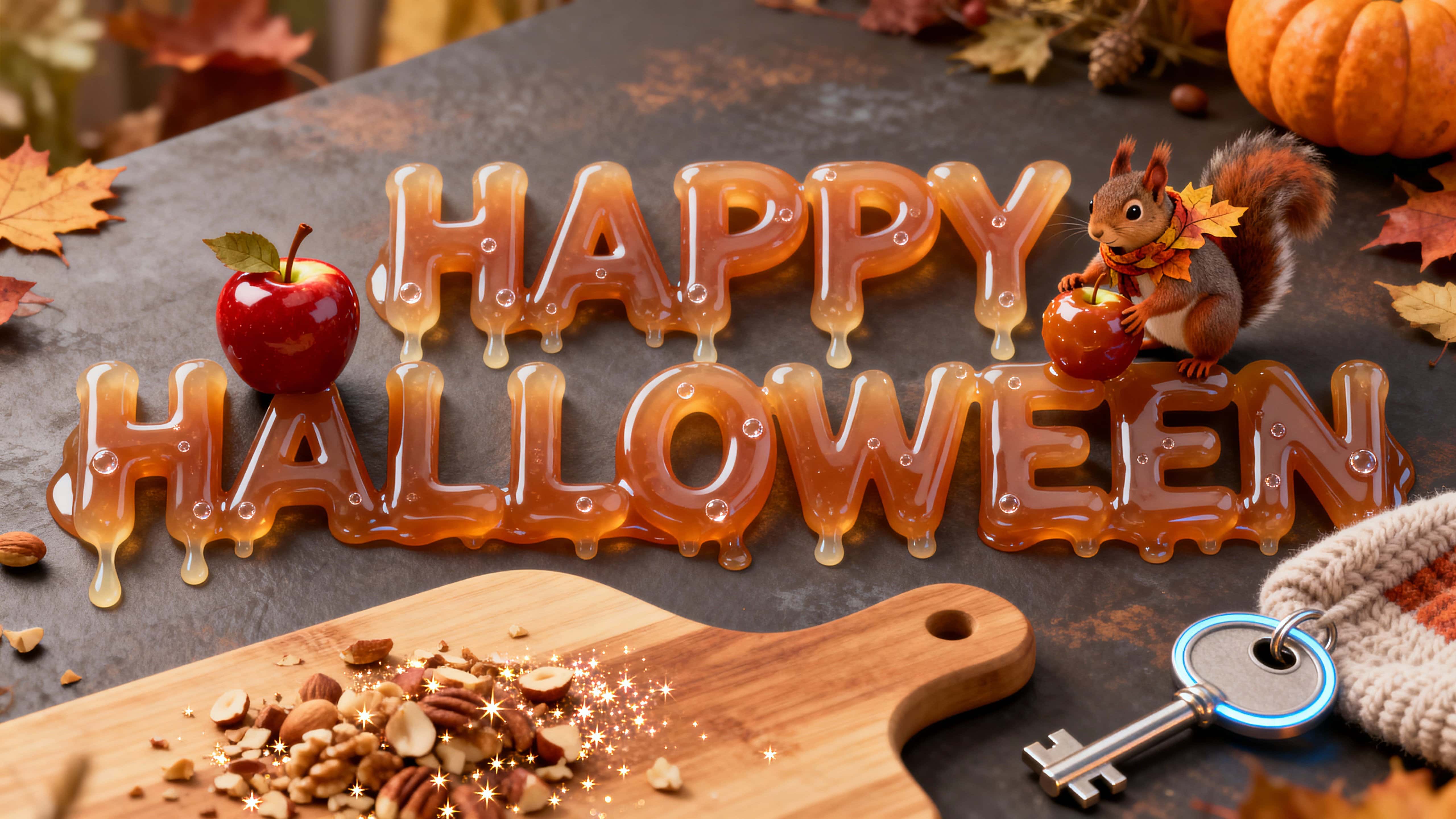 Full-frame 16:9 photo-real 3D of glossy candy-apple red 'HAPPY HALLOWEEN' with pale-pink sheen (#FFC1CC) and micro-bubbles; a squirrel in a leaf-green scarf (#6A8A2A) rolls a caramel apple (#8B5A2B) on a maple board (#C9A26B) framed by cool