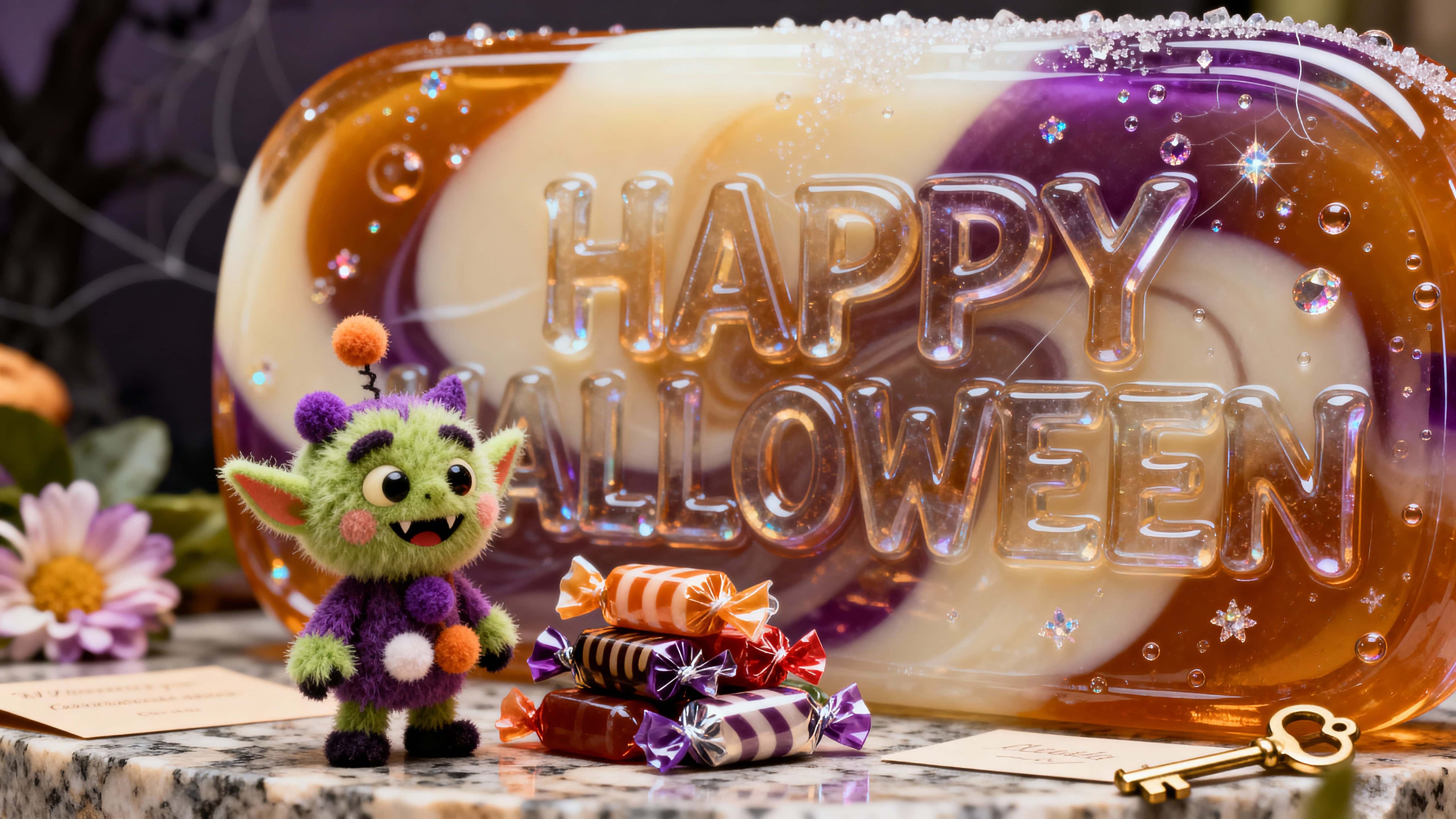 Photo‑real 3D render of full-frame HAPPY HALLOWEEN letters in translucent hard-candy glass with amber, ivory and grape swirls, sugar-crystal sparkle, a chenille-and-pom-pom goblin by a bakery-stone base and wrapped sweets, card-ready 16:9.