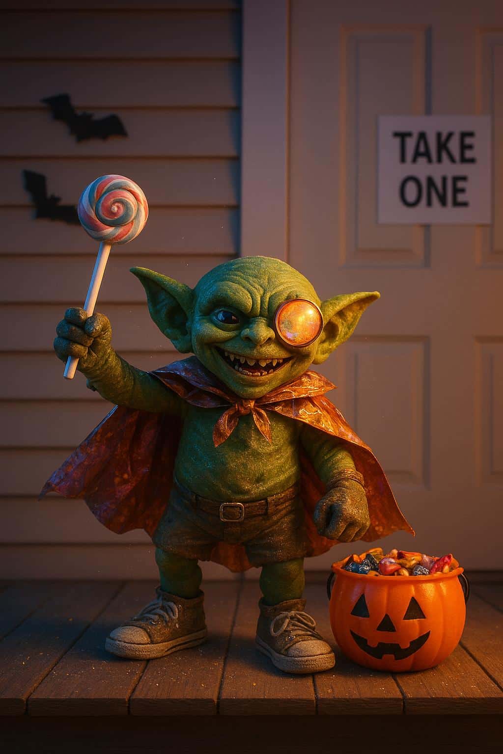 A playful candy goblin poses on a suburban porch at night with a lollipop scepter raised, jawbreaker monocle glowing and a cheeky handful from an overflowing pumpkin pail beside a door sign that reads "TAKE ONE".