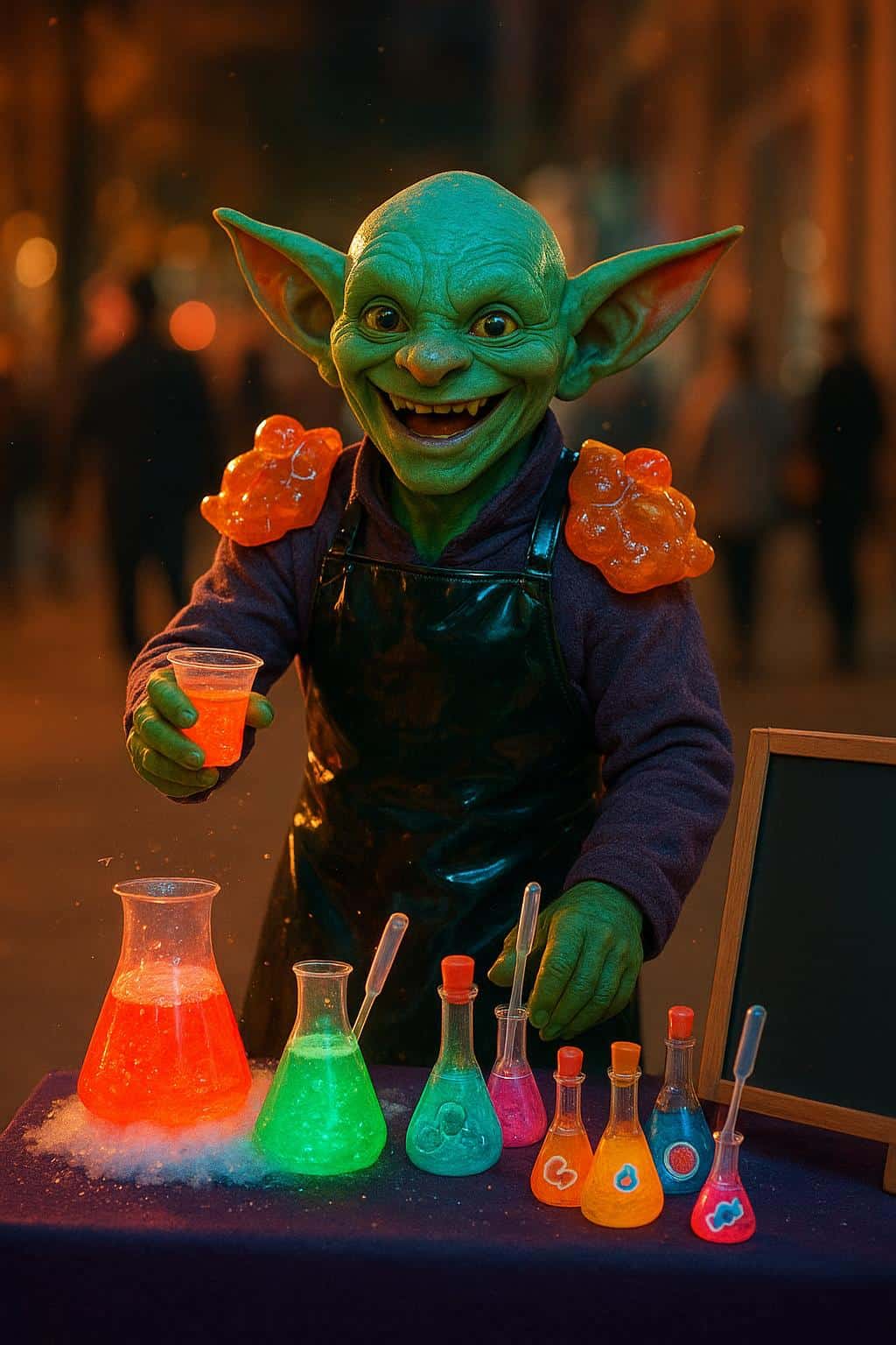 Portrait photo of a candy goblin running a sidewalk chemistry-themed pop-up with gummy-bear pauldrons, a vinyl apron, bubbling neon syrups and lantern warmth, framed for vertical display.