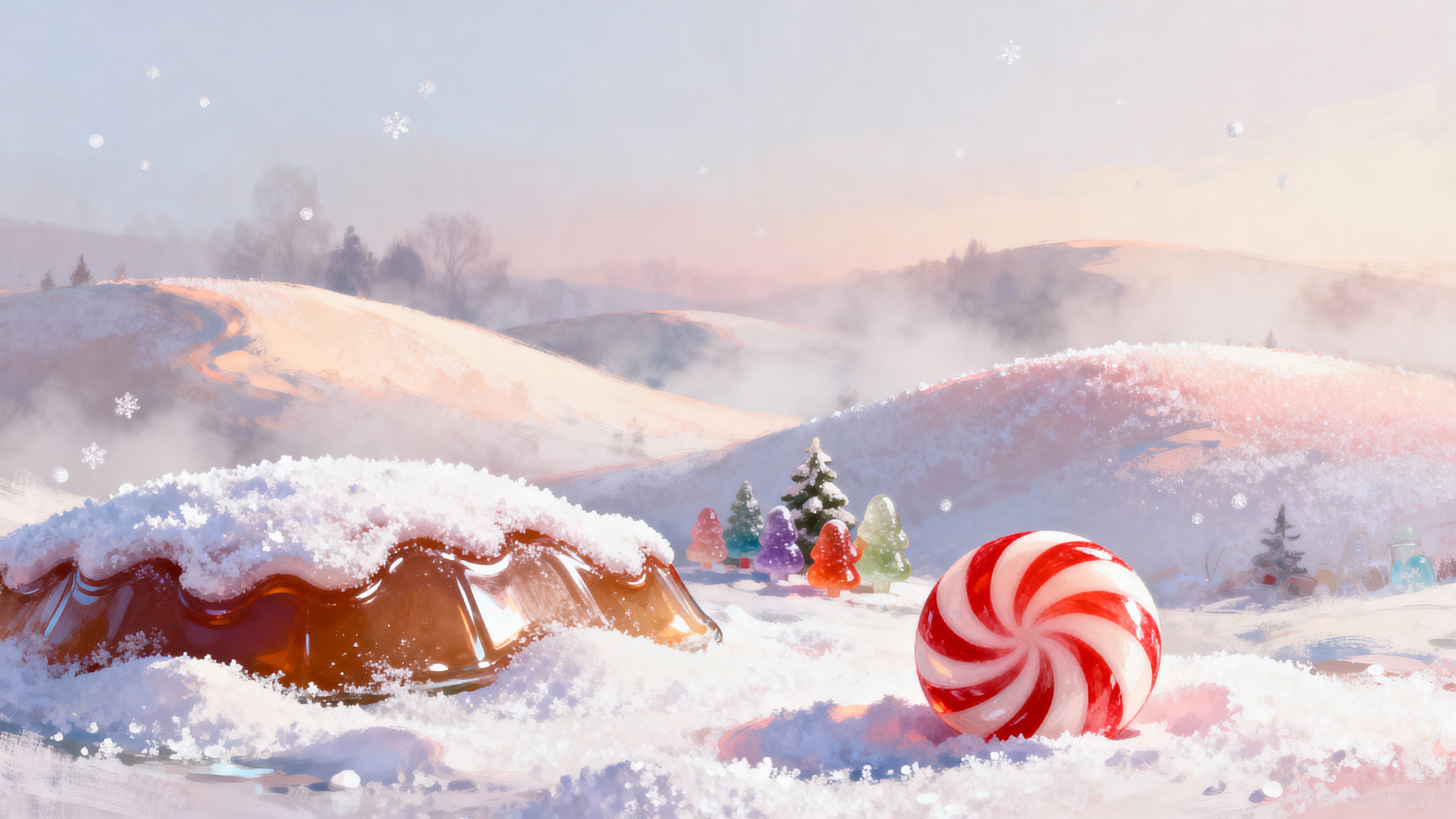 A panoramic pastel candy landscape unfolds in a 16:9 frame with sugared rolling hills and a calm, family-friendly storybook mood, lit by a gentle cool morning haze.