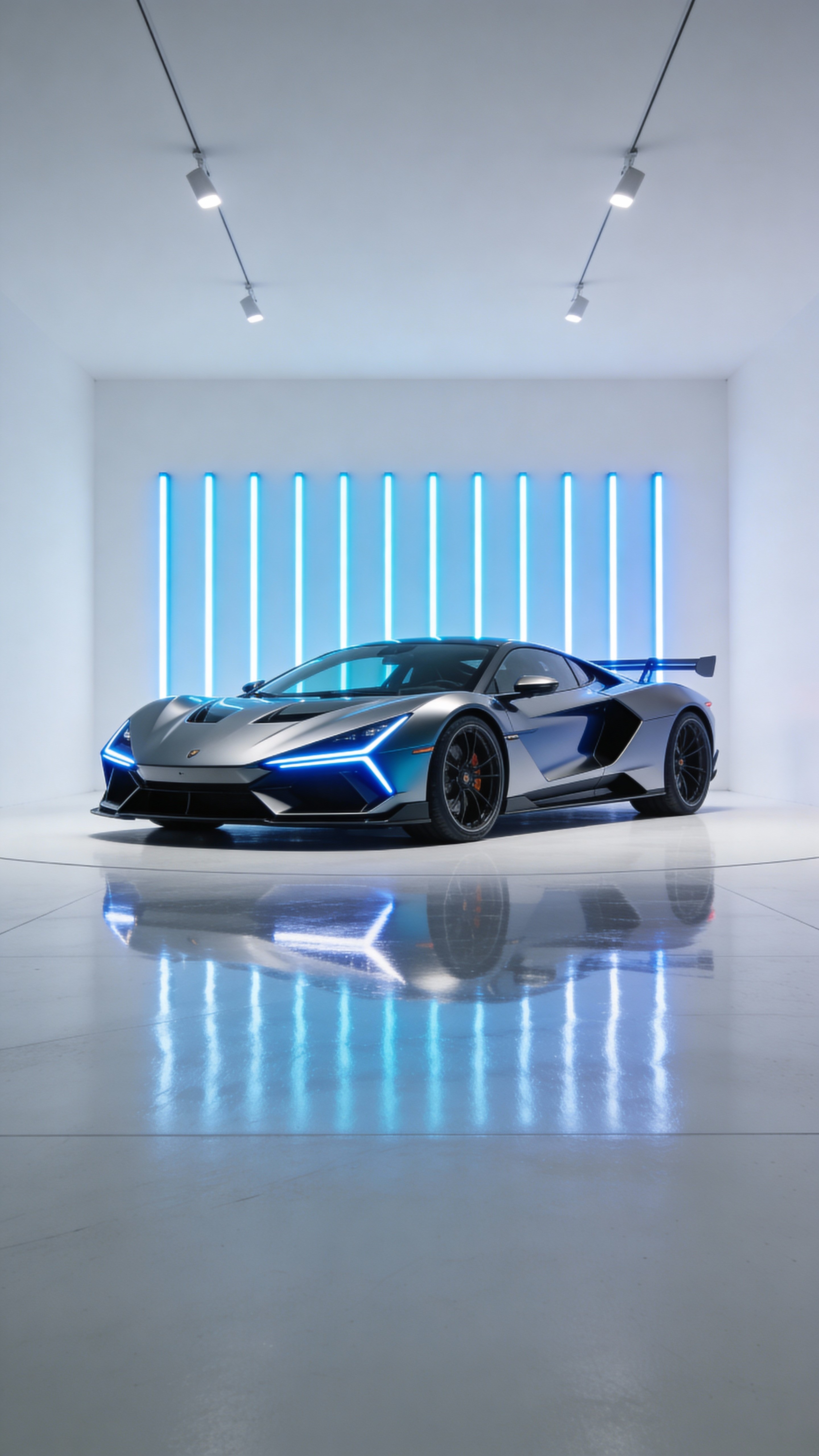 A high-tech luxury performance car in a 9:16 studio frame with a glowing vertical light strip, sharp reflections on a reflective floor, and precise lighting that defines contours.