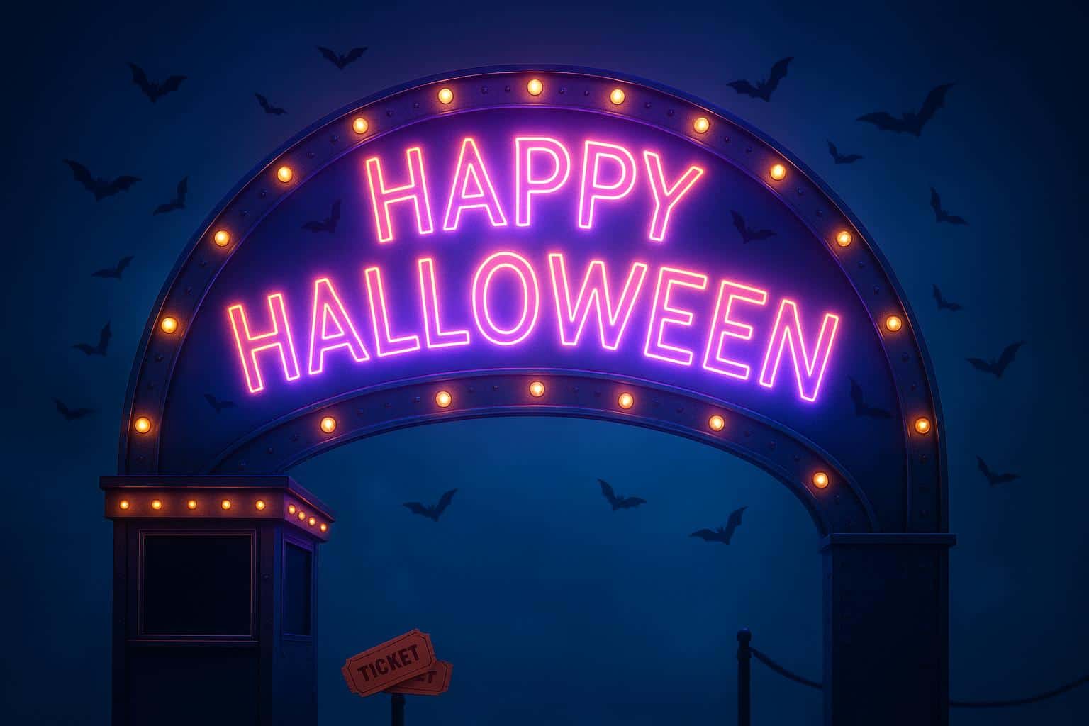A staged night photograph of a carnival entry arch that spells "HAPPY HALLOWEEN" on a fine fog screen with laser split-beams and confetti bats, set against a cool, futuristic palette and an unlettered ticket booth marquee below left.