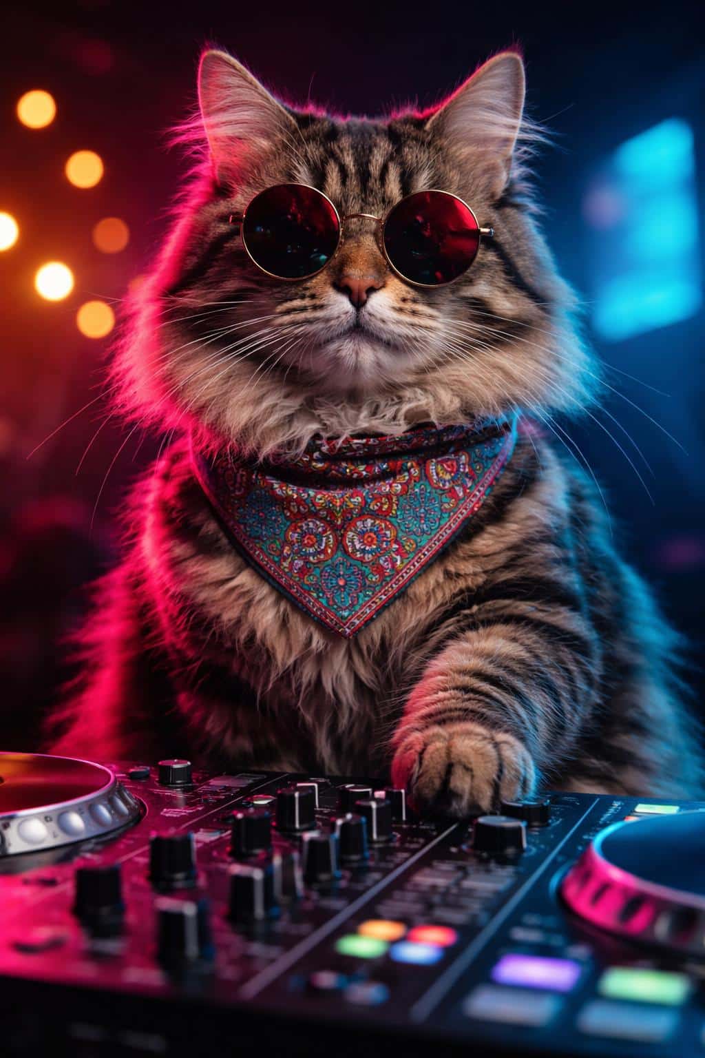 Close-up portrait of a single cat DJ in neon-lit club style, photographed for a poster-cover with strong color contrast and shallow depth for dramatic mood.
