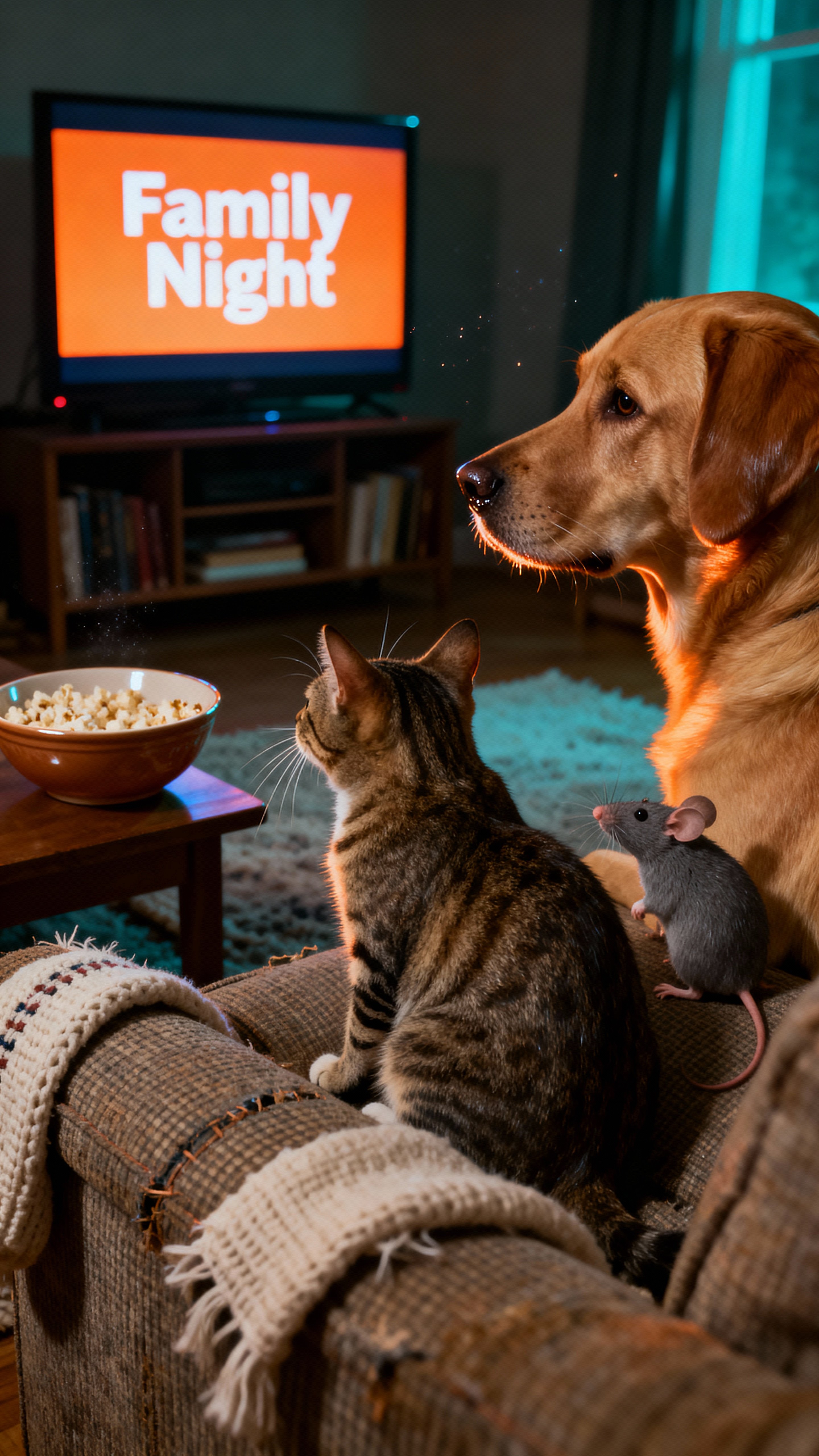A photoreal living-room scene of a cat, dog, and mouse sitting together on a couch watching a movie, relaxed and cozy in warm evening light.
