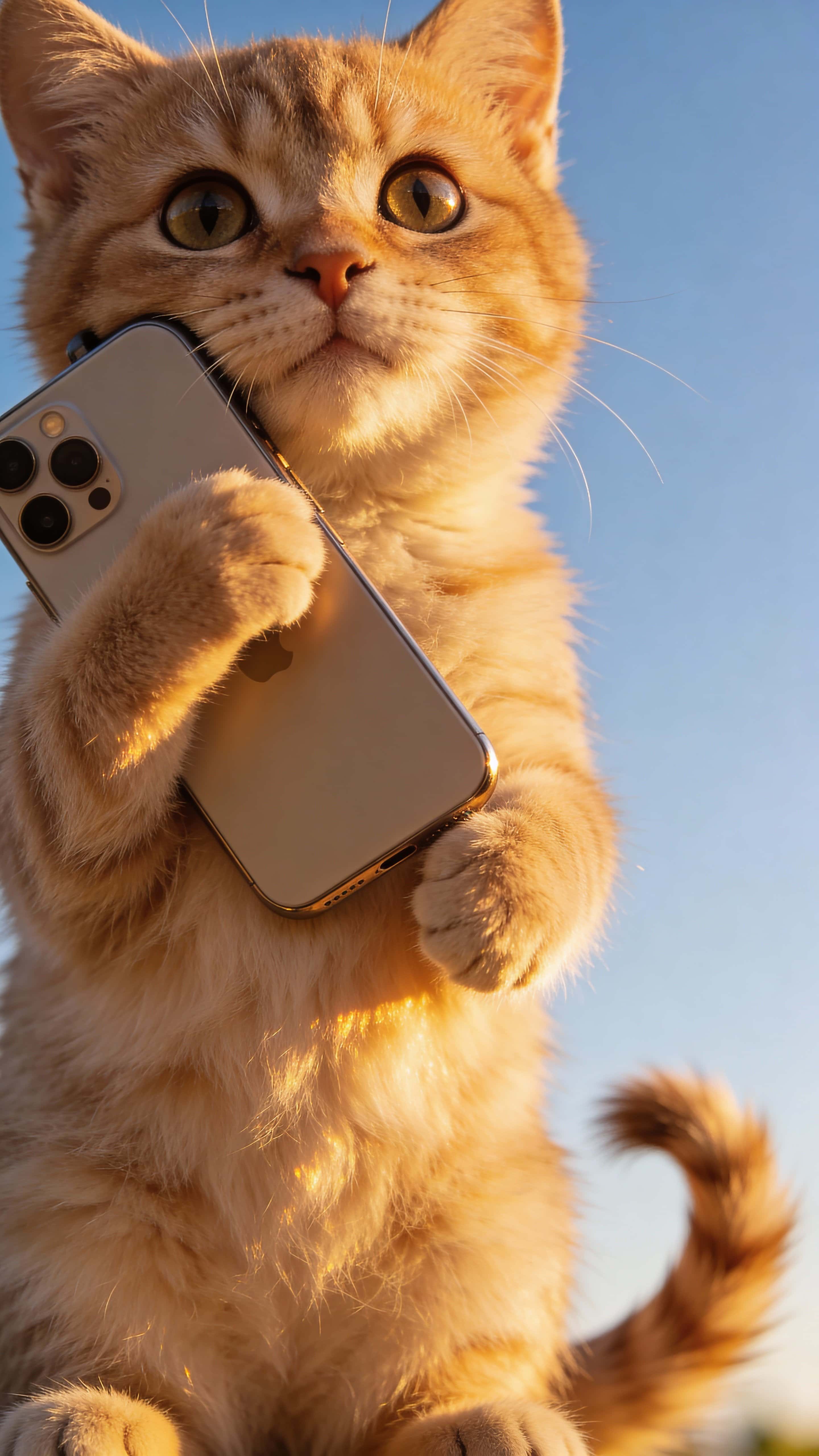 Hyper-realistic close-up of a cute cat holding an iPhone to its ear, photographed from a low angle against a plain blue sky background with bright sunshine casting warm highlights.