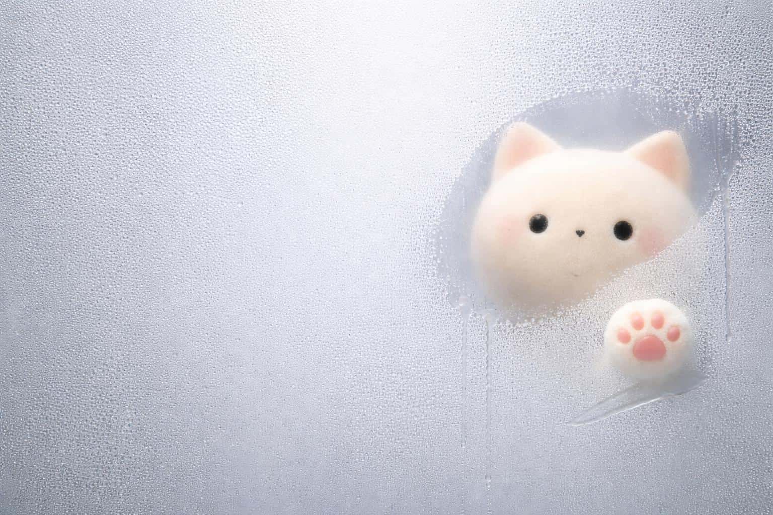A 3:2 wallpaper showing a cream-furred 3D cat mascot partially revealed through a misted glass plane with sparse droplets and two wiped patches exposing a face and paw pad.