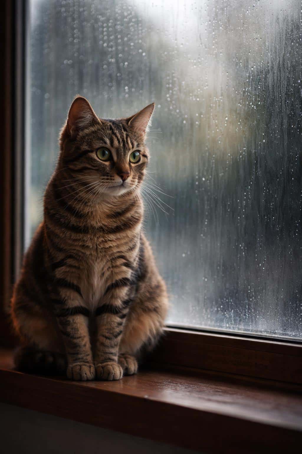 Tabby cat perched on a window ledge in a moody rain scene, photographed as an intimate editorial portrait for wallpaper or social-post use with soft reflections.