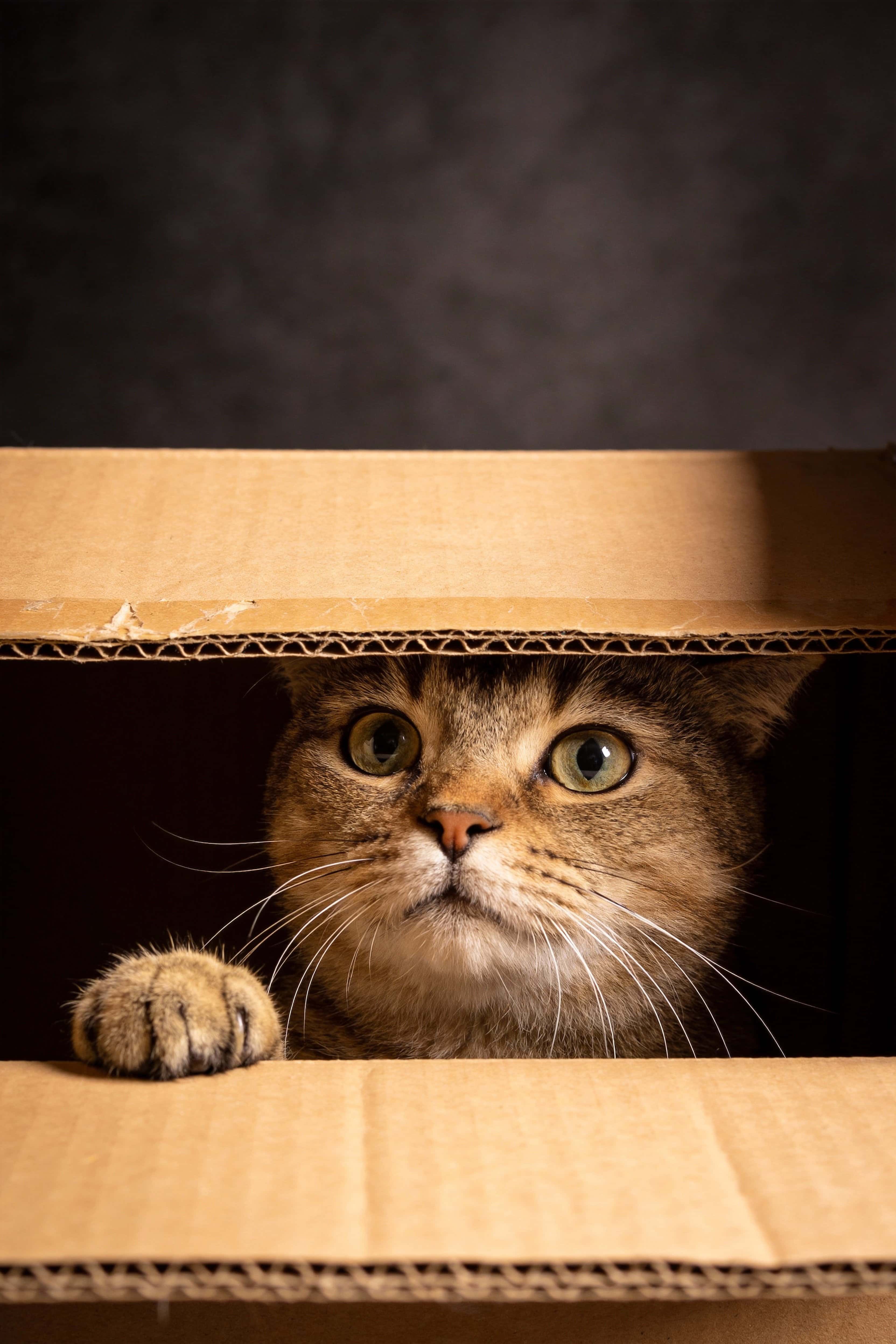 Close-up of a domestic cat peeking from a cardboard box, captured as intimate pet portrait photography for poster-cover use with a warm, cozy mood.