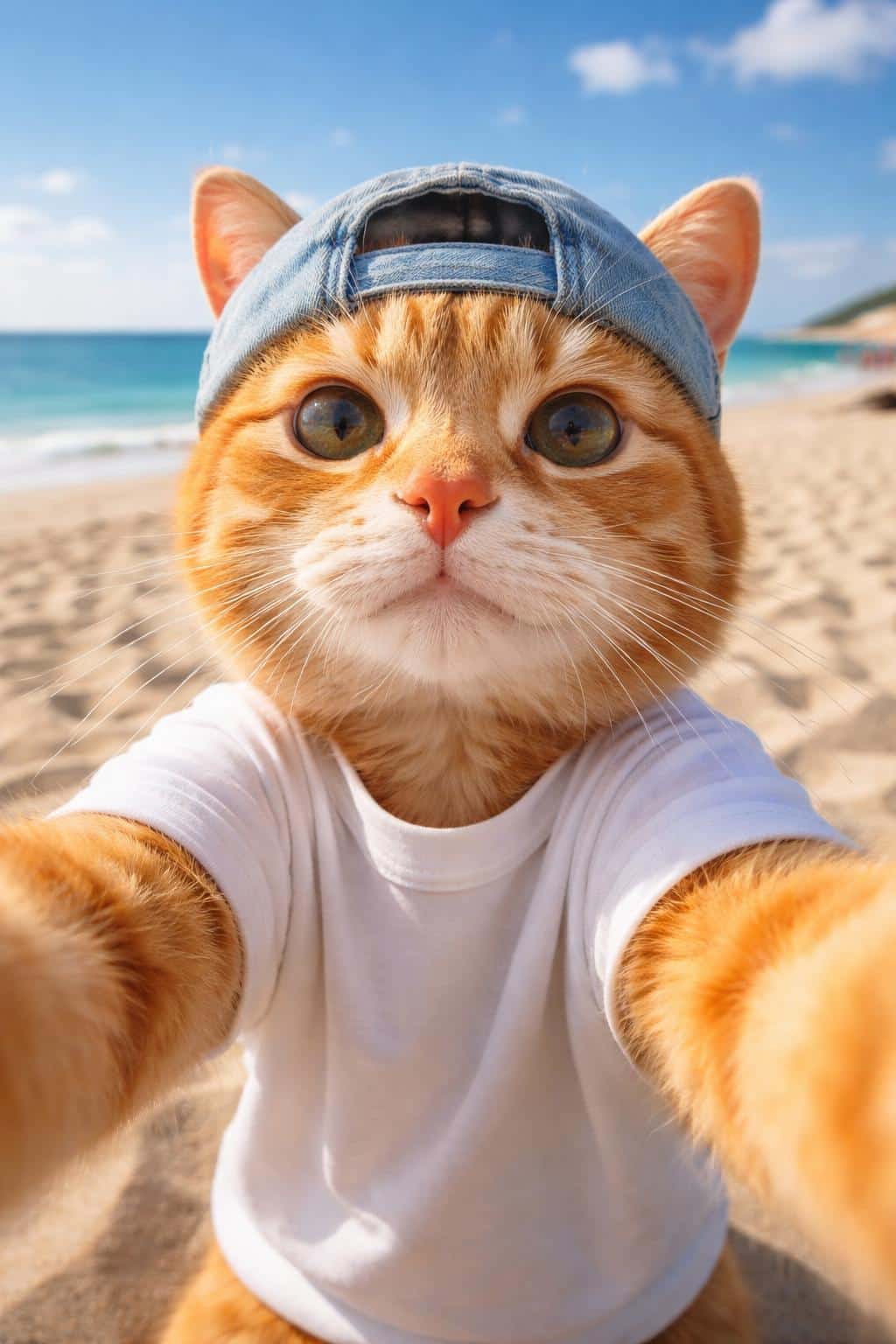 Close-up orange tabby cat selfie on a sunlit beach, photographed as a pet-photography portrait with shallow depth and playful mood, reproduced at 2:3 ratio.