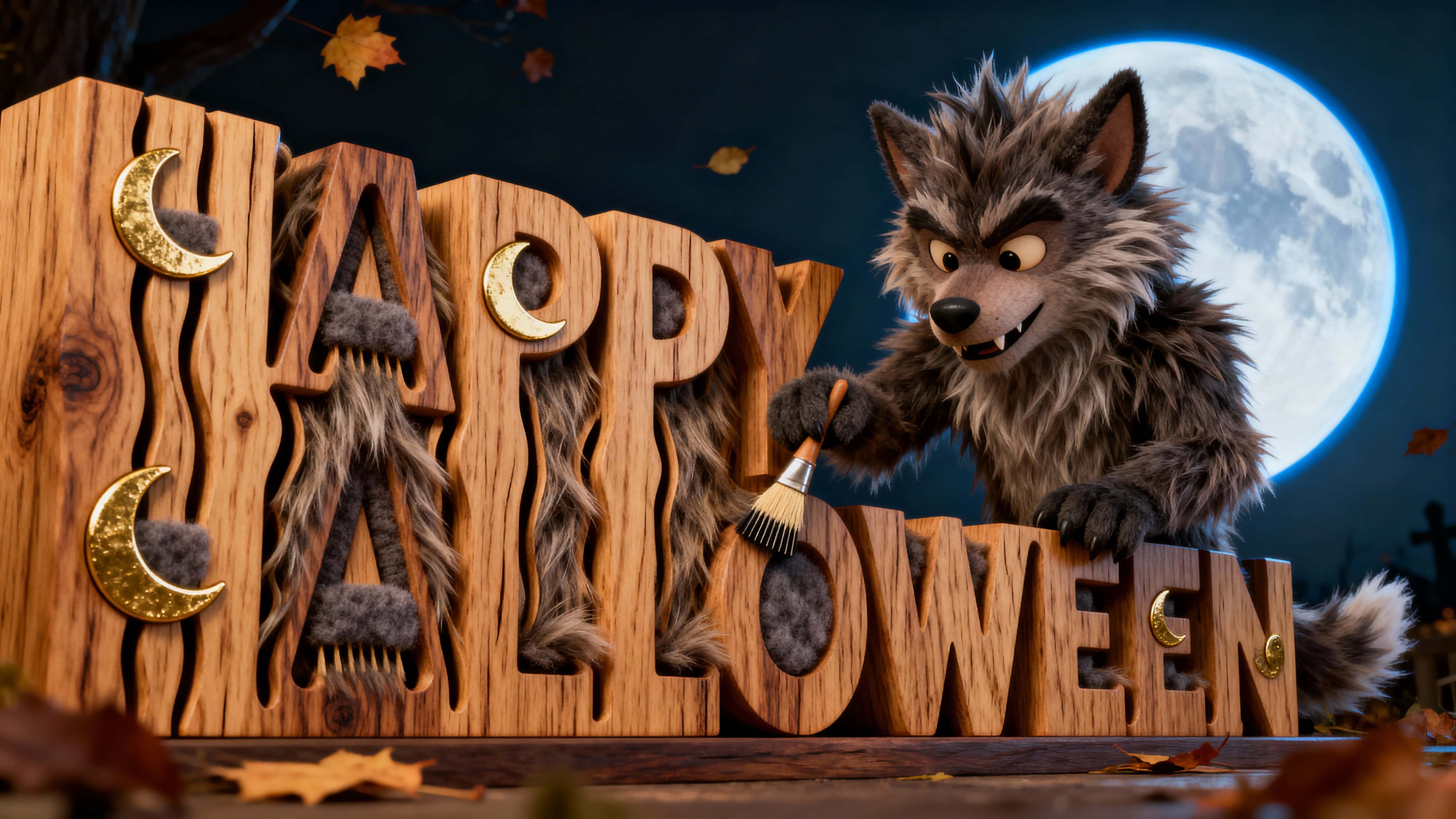 Photo‑real 3D render of a full‑frame cedar “HAPPY HALLOWEEN” sign with carved fur grooves and brass crescent inlays, a shaggy felt werewolf brushing grooves; warm cedar #A65B2A, brass #D4AF37, cool moon blue #6DA8D9, felt gray #BFBFBF.