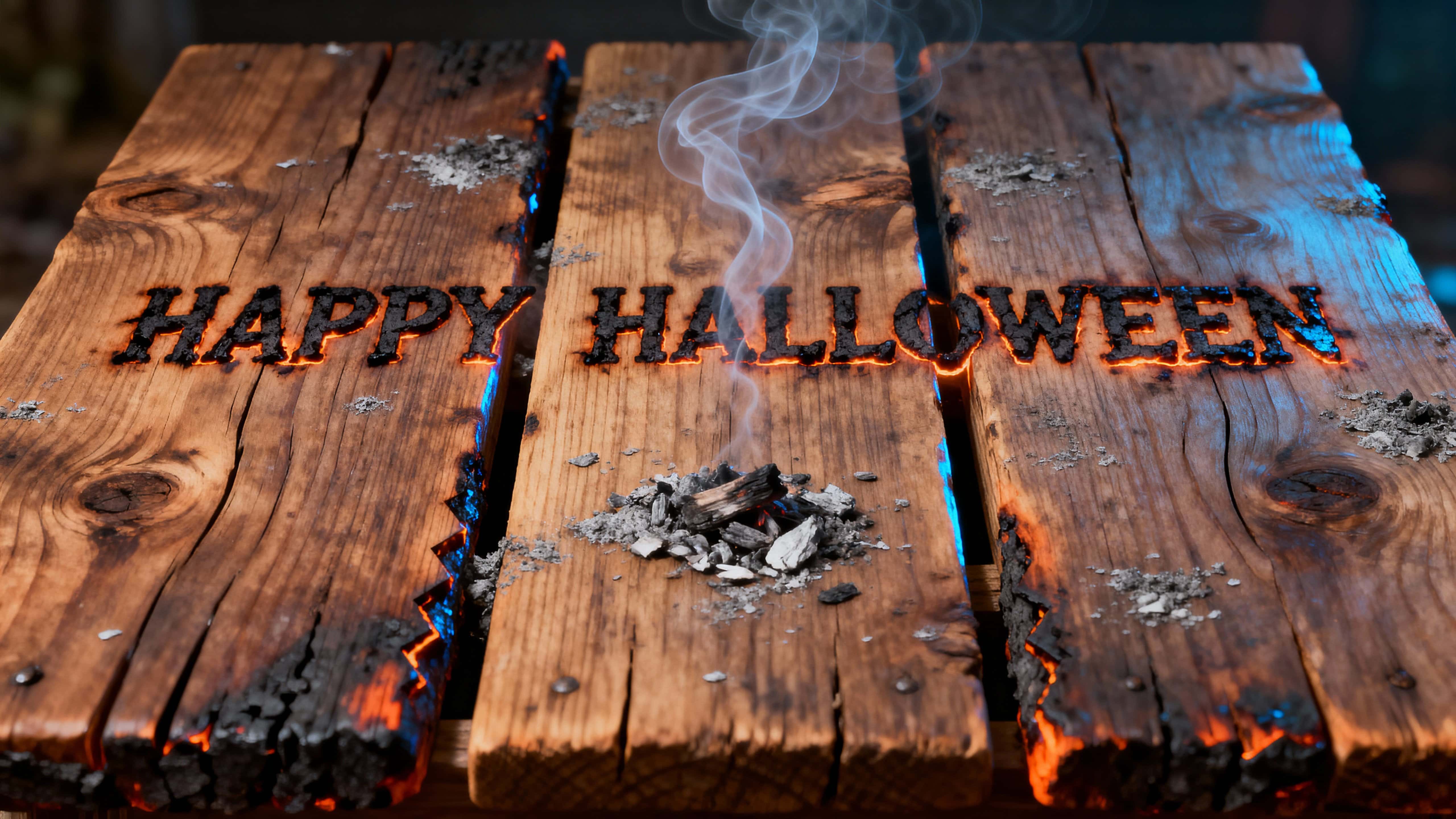 Photo-quality 3D render of thick cedar planks burned with the phrase, glowing ember bevels, curling smoke wisps and ash dust on a rustic tabletop with bold seasonal mood.