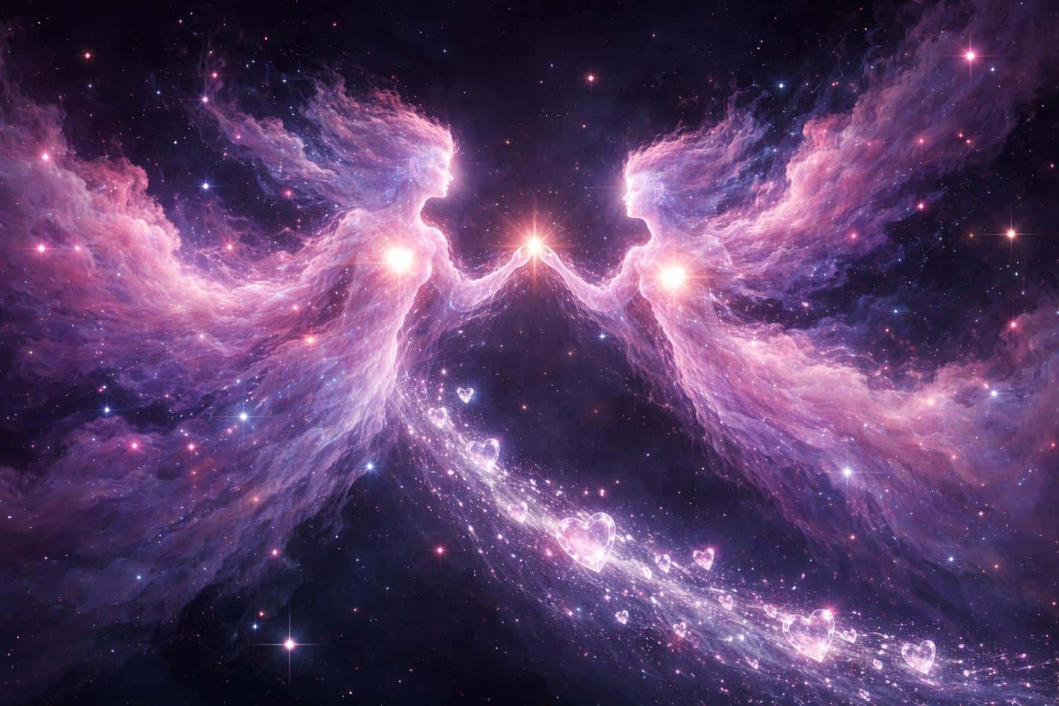 Ethereal celestial cloud sprites—two translucent humanoid stardust beings entwined in a wide 3:2 cosmos, touching hands as crystalline heart-comets trail and illuminate the void.