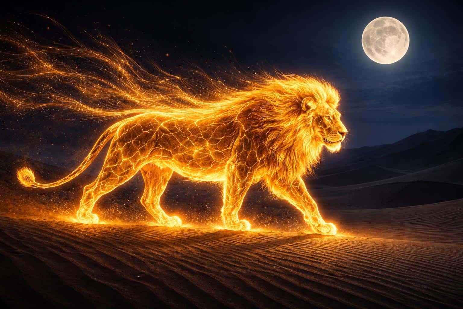 A glowing celestial lion composed of golden light walking through dark desert dunes under a full moon, perfect for an epic high-fantasy cinematic wallpaper.