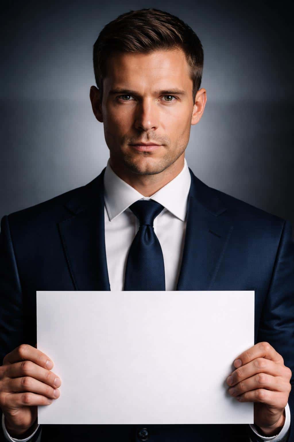 Close-up corporate portrait photograph of a CEO holding a blank sign in a crisp navy suit, lit with dramatic chiaroscuro and composed for editorial poster use.