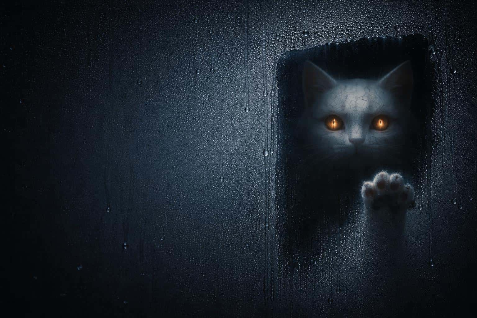 Minimalist 3:2 wallpaper of a midnight-blue fogged glass plane with cleared patches revealing a ghostly cracked porcelain cat, glowing amber eyes, and a paw smudge.