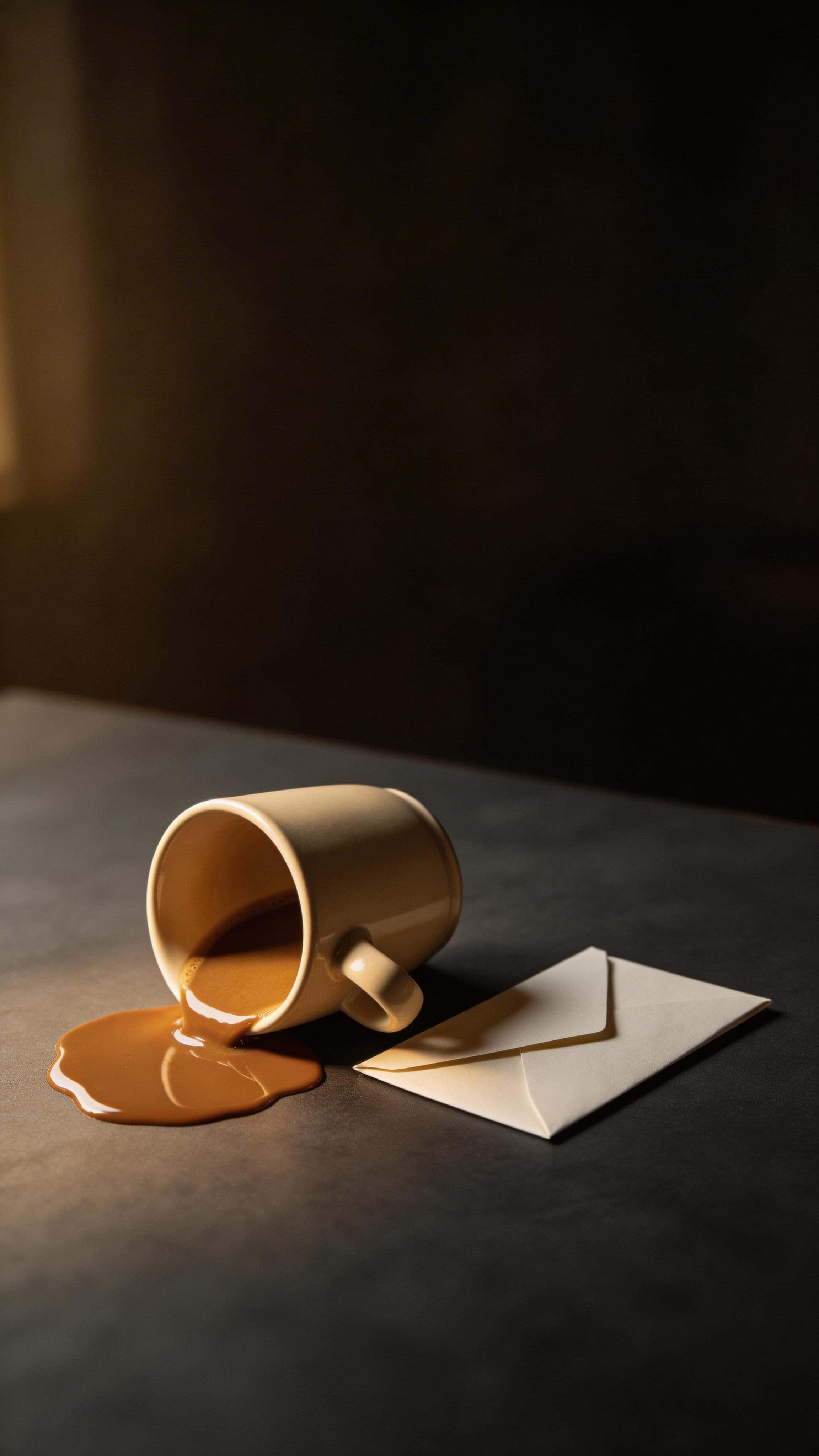 Vertical 9:16 cinematic still-life of a tipped ceramic mug spilling coffee across a dark tabletop beside a folded blank envelope, minimal and quietly somber.