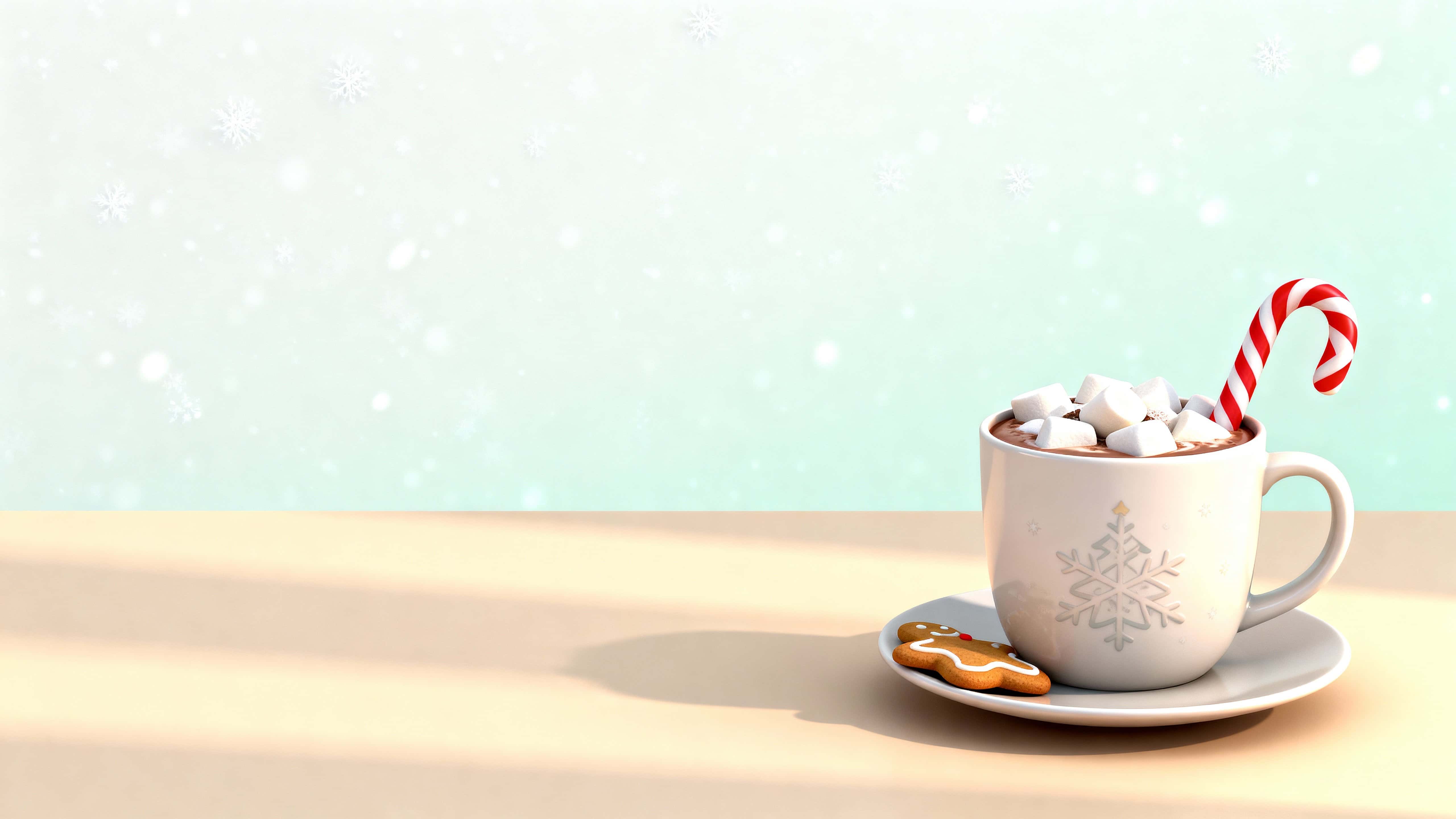 A soft-white 3D ceramic mug with a subtle Christmas motif sits lower-right on a warm beige matte tabletop, filled with hot chocolate, marshmallows, a candy cane, and a gingerbread cookie against a pale mint-to-snowy-white gradient with warm
