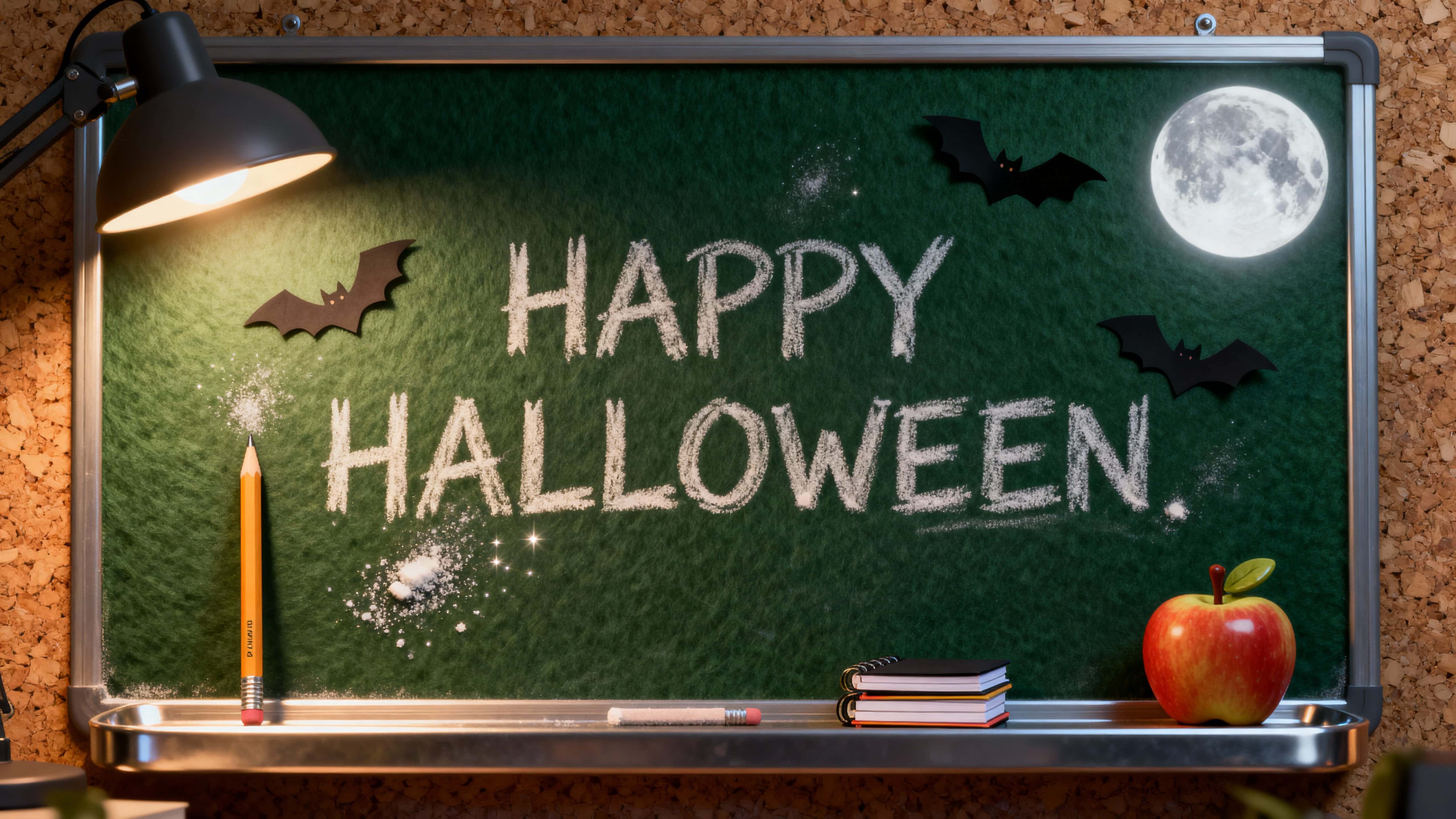 Macro 16:9 render of a deep-green (#0B3D2E) felted chalkboard embossed with 'HAPPY HALLOWEEN' in chalk-white (#F5F5F5), mini pencils, paper bats, apple figurine and tiny notebooks at the baseline, warmed by amber lamp glow (#FFB347) and rim