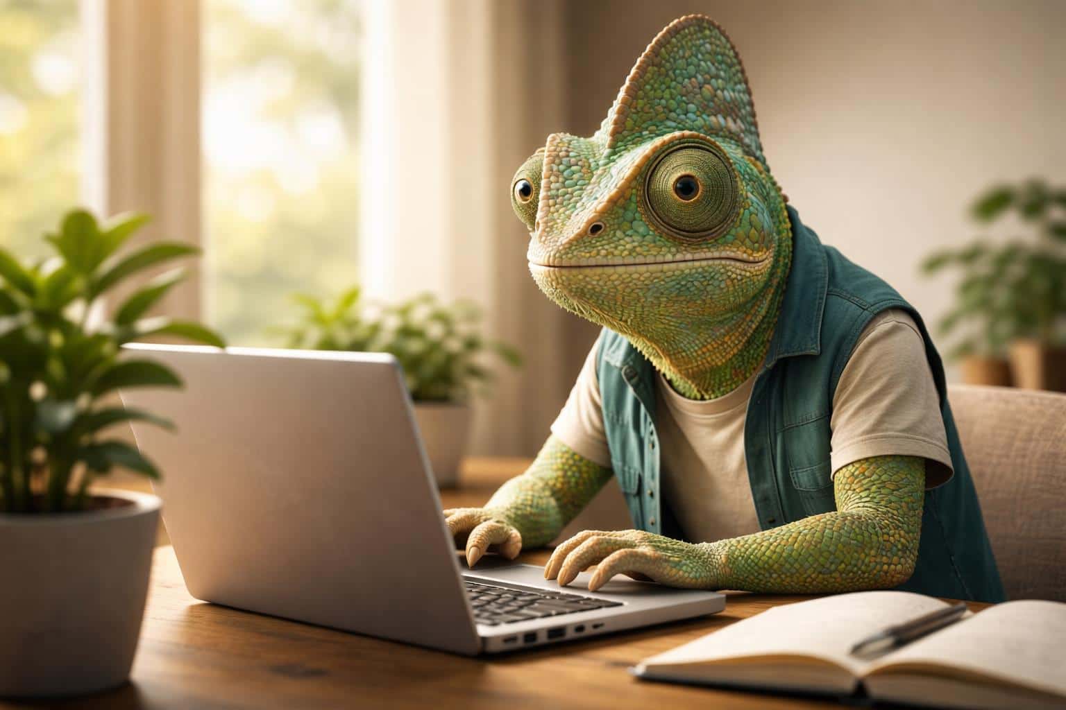 A stylized 3D-render chameleon seated at a laptop in a warm indoor office scene, preserved for a 3:2 poster-cover composition with faithful lighting and scale.