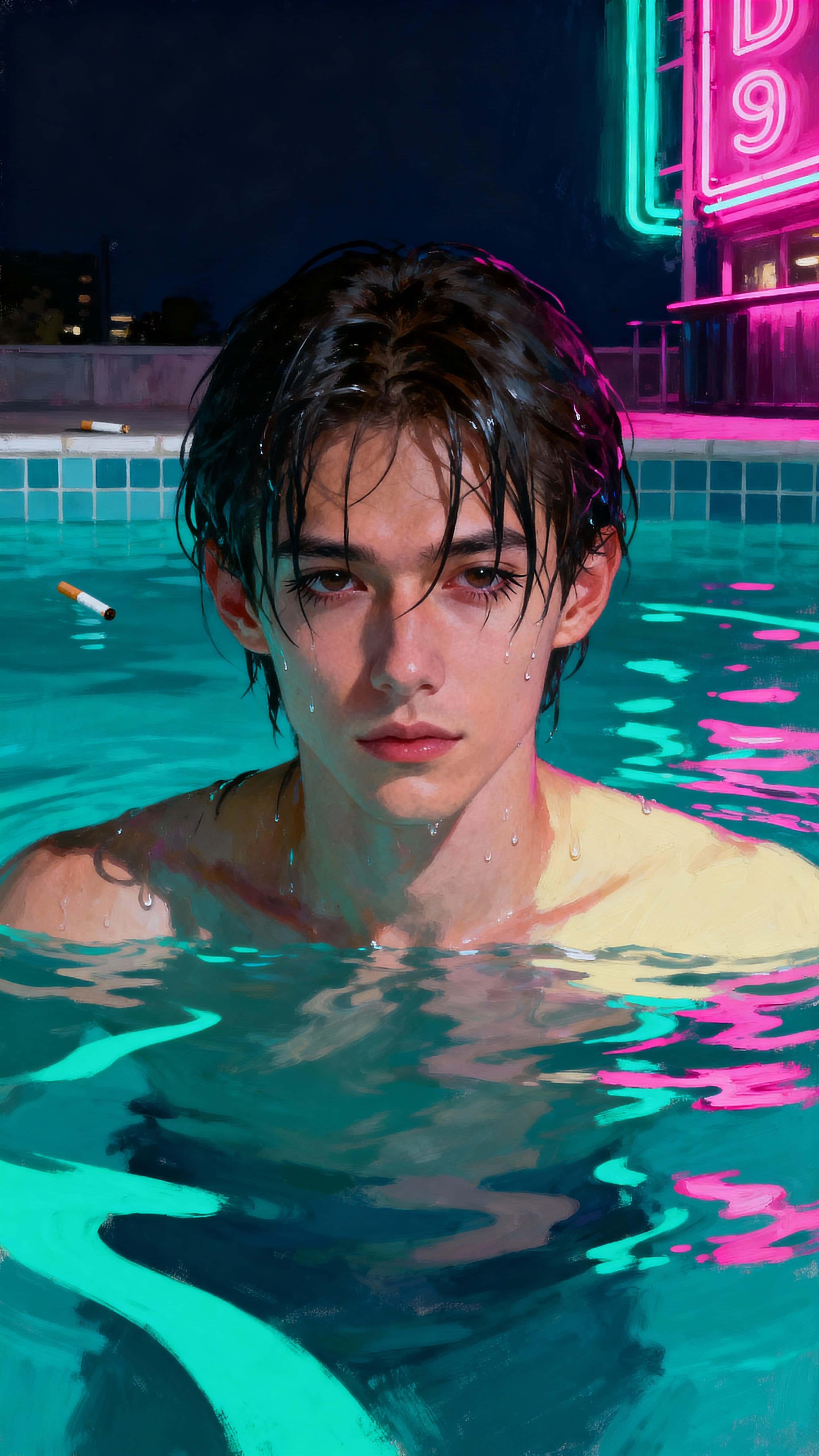 A lone character pushes up from a dark water surface with wet hair falling over the eyes as teal and magenta reflections dance across ripples and illuminate the face in stark contrast.