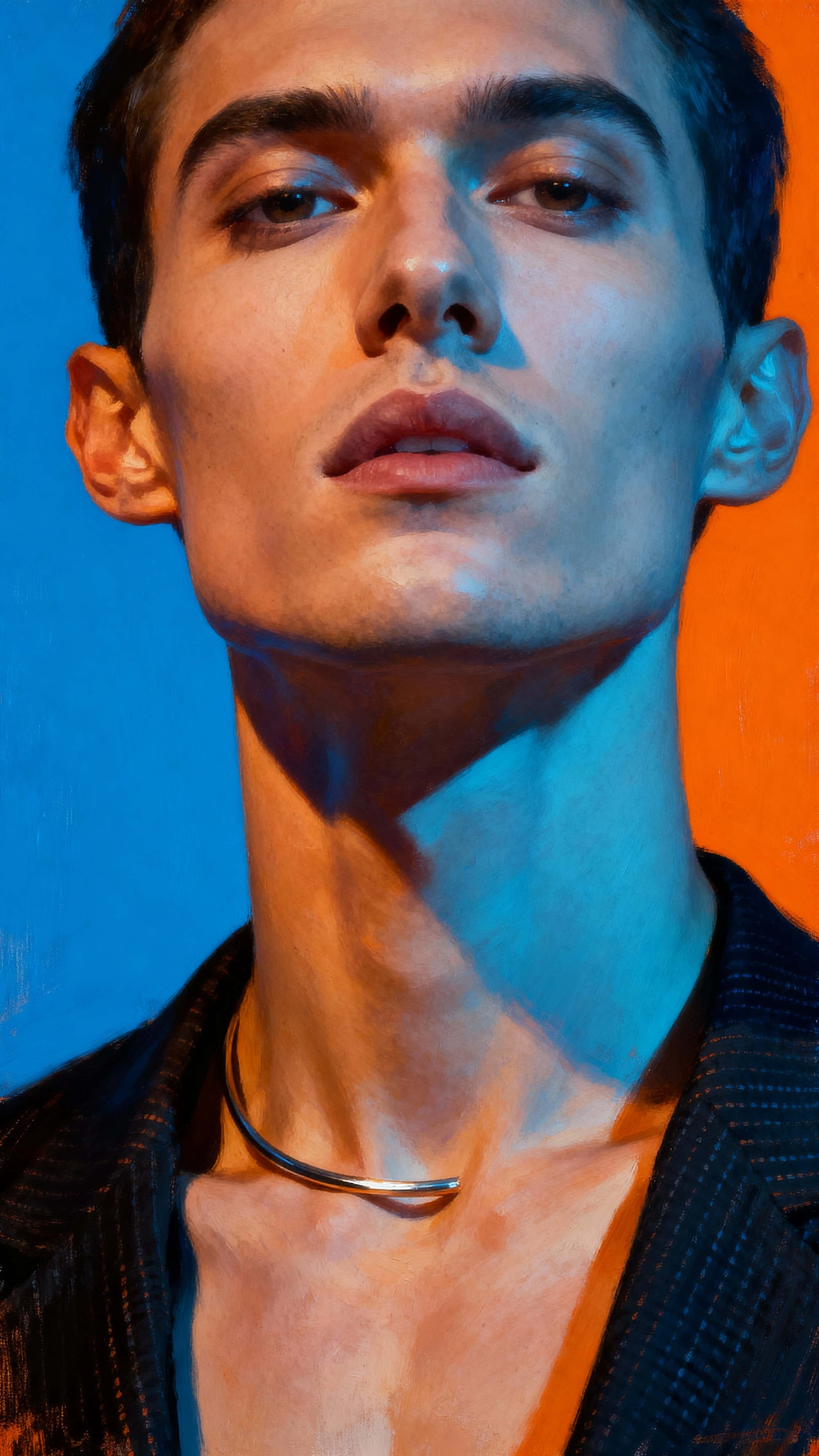 A solitary character fills a 9:16 vertical frame in dark angular clothing with a poised stance and a single powerful key light sculpting jaw and cheekbones for a moody editorial portrait.