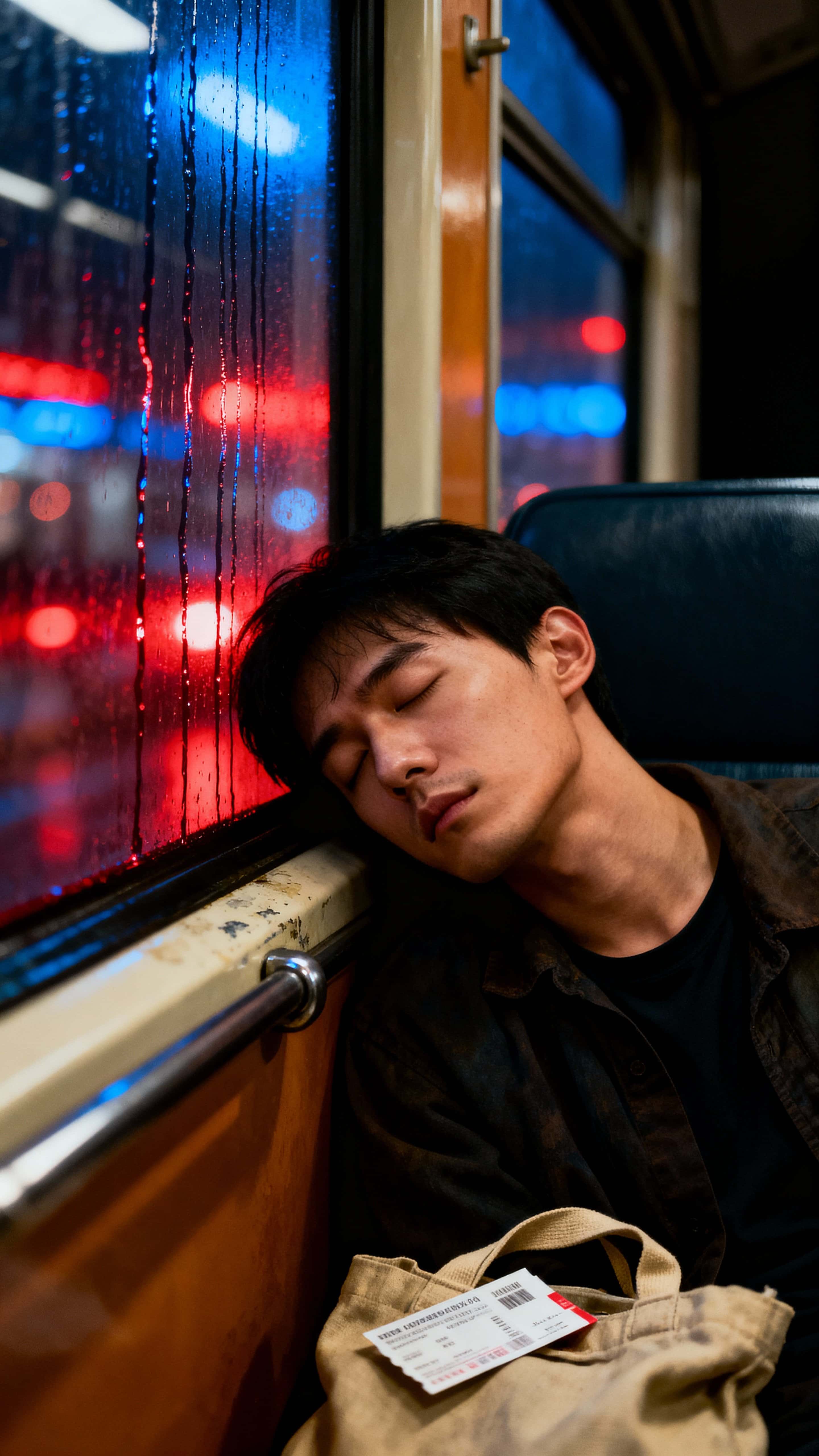 A character rests their head against a rain-streaked train window as red and blue city lights reflect across the glass and a warm amber interior glow frames the scene vertically.