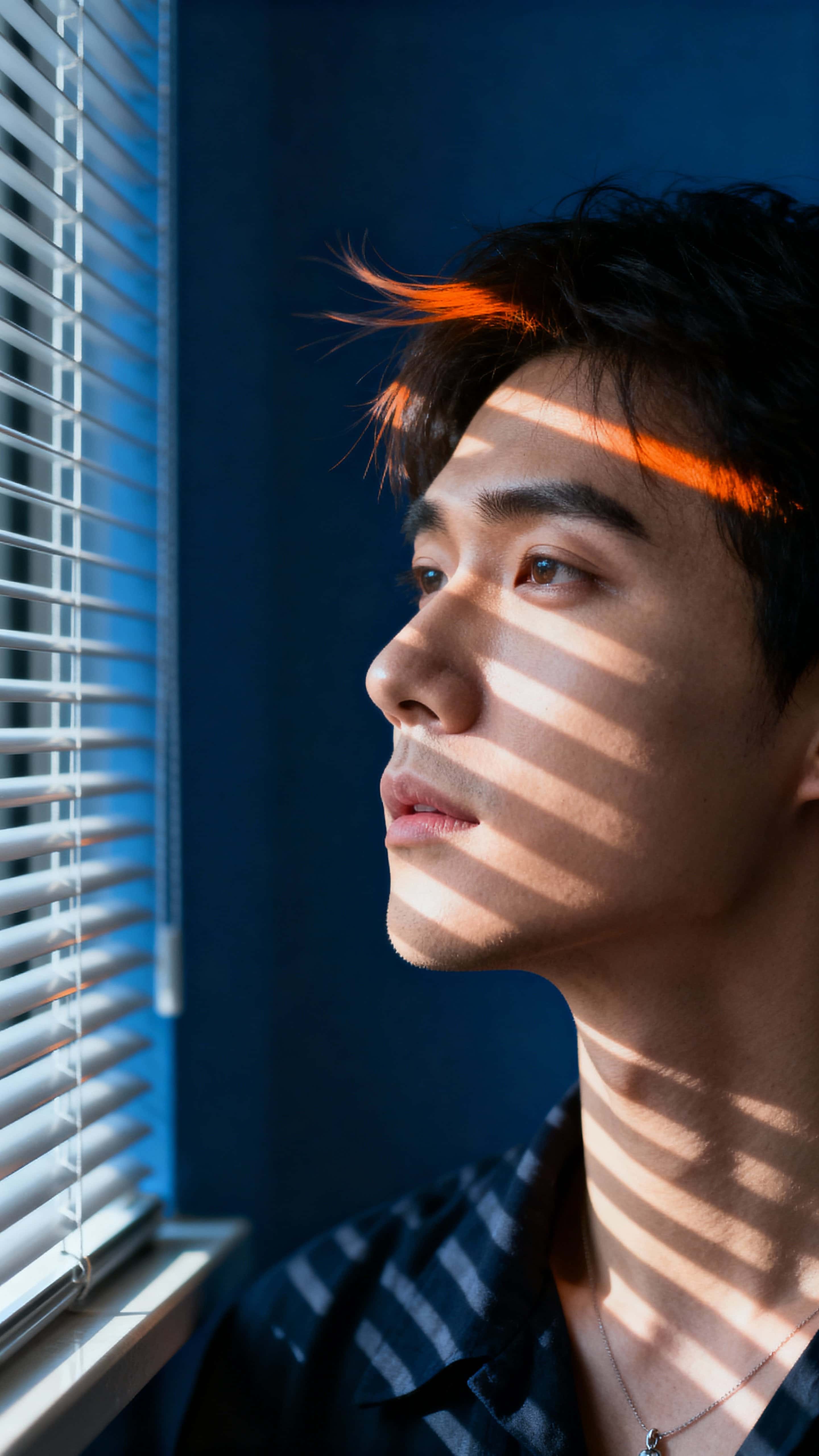 A character stands framed in a 9:16 portrait crop with narrow blinds casting sharp stripe shadows across their face, hair lifted slightly by wind and an orange rim light separating them from a moody dark blue background.