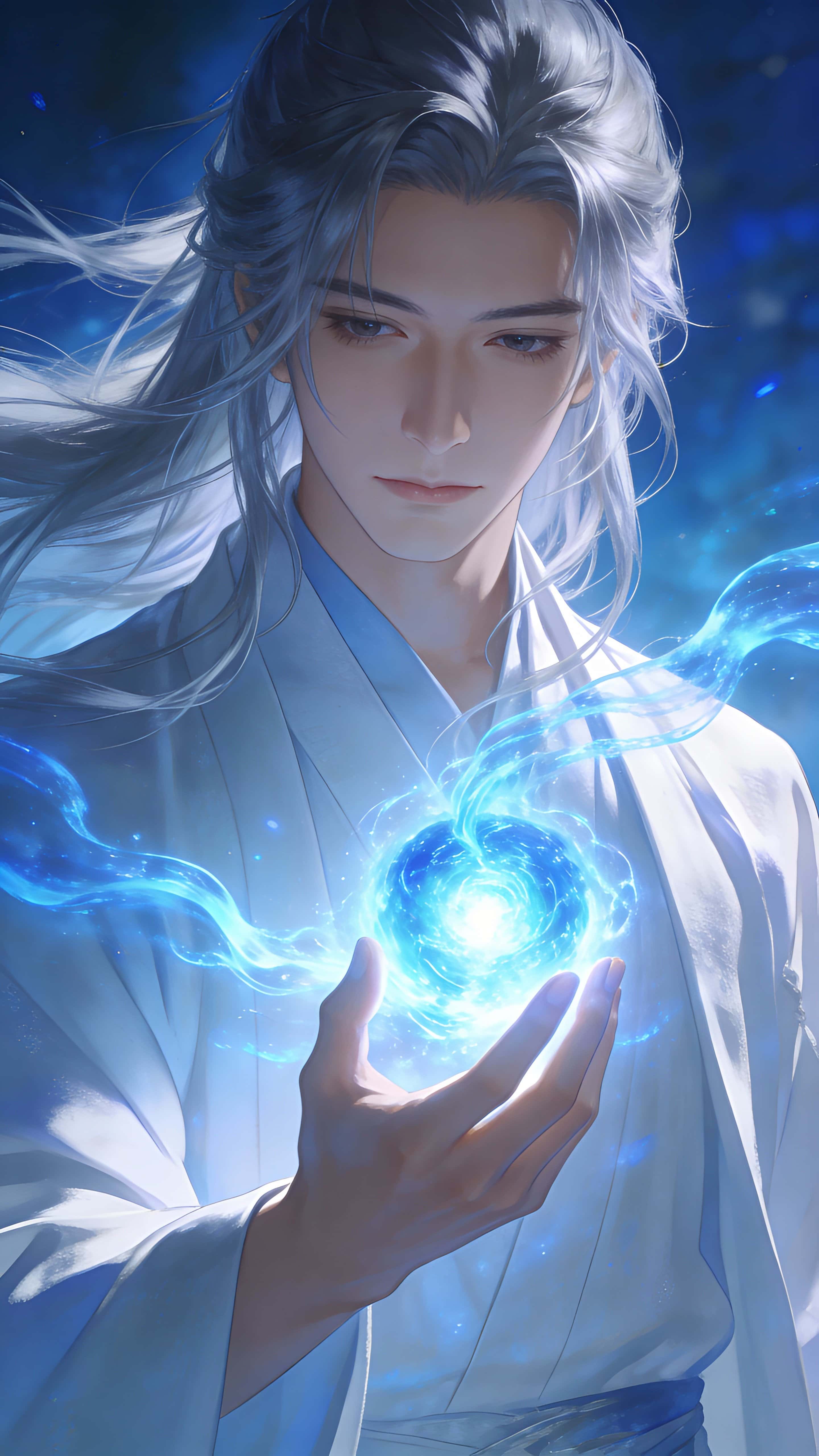 A serene anime-style vertical portrait of a character cradling a glowing energy core as soft blue light waves flow around them, creating a peaceful yet powerful cinematic fantasy realism.