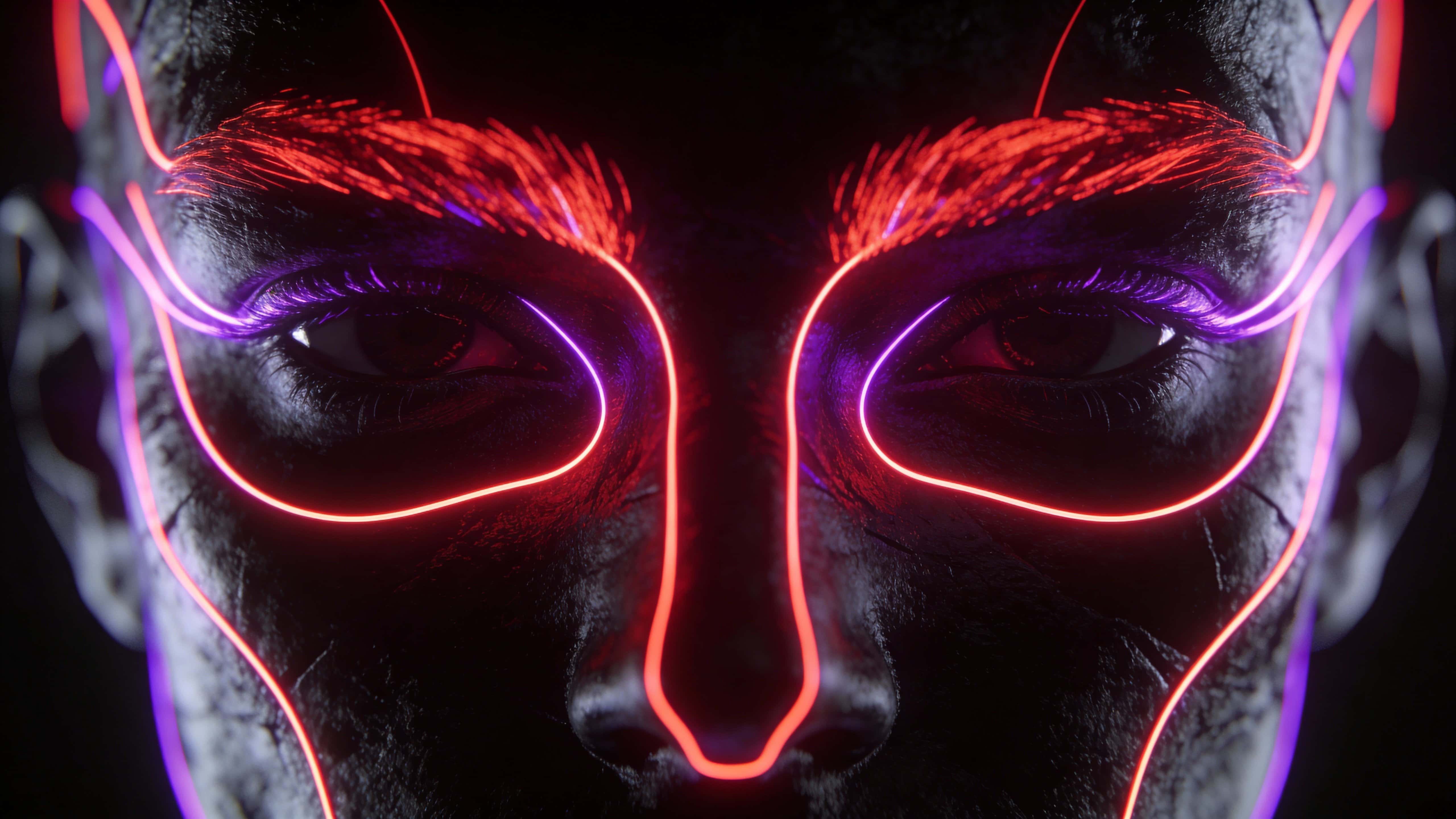 A deep charcoal face against a near-black backdrop features tight red and violet luminous contour lines tracing the jawline and brows, producing a stark, energetic contrast.