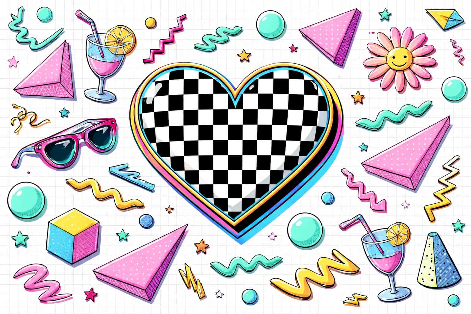 A 3:2 landscape surreal Memphis-style digital collage with a central 3D-effect checkered heart surrounded by pastel geometric shapes, floating sunglasses, and abstract florals.