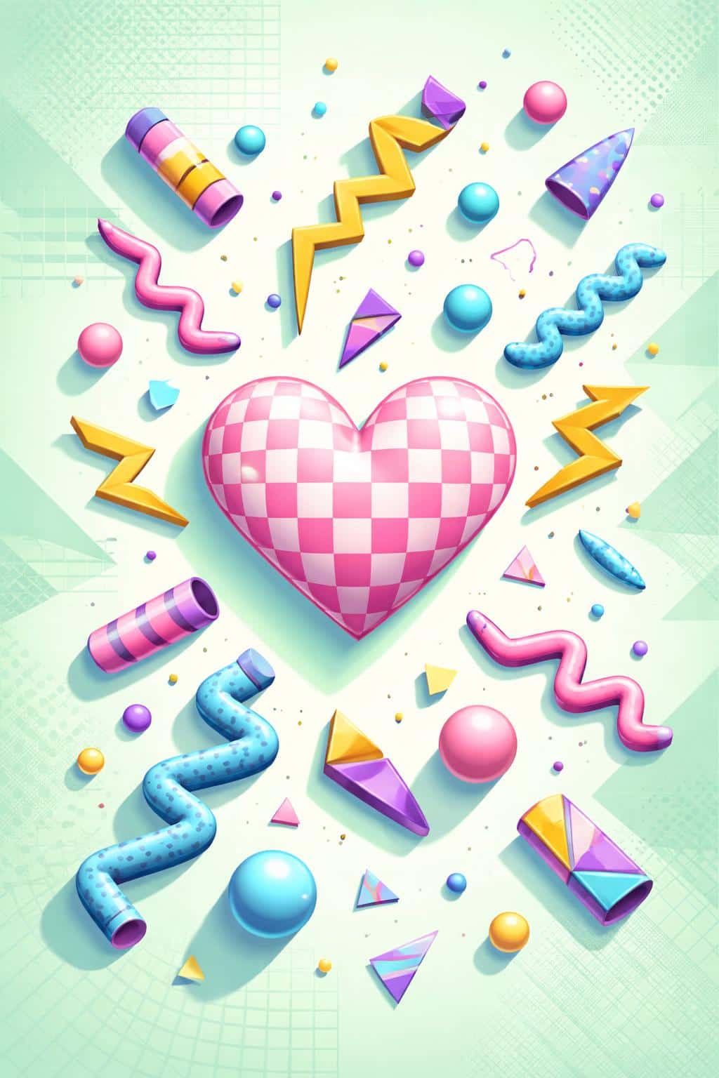 A vertical 2:3 surreal Memphis-style collage featuring a central checkered heart, pastel geometric shapes, squiggles, lightning bolts and tiny spheres drifting over a mint-textured background.