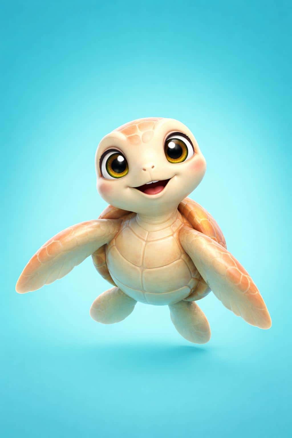 Playful 3D animated sea turtle character with large expressive eyes and a warm smile, rendered in high-key lighting against a vibrant turquoise background.