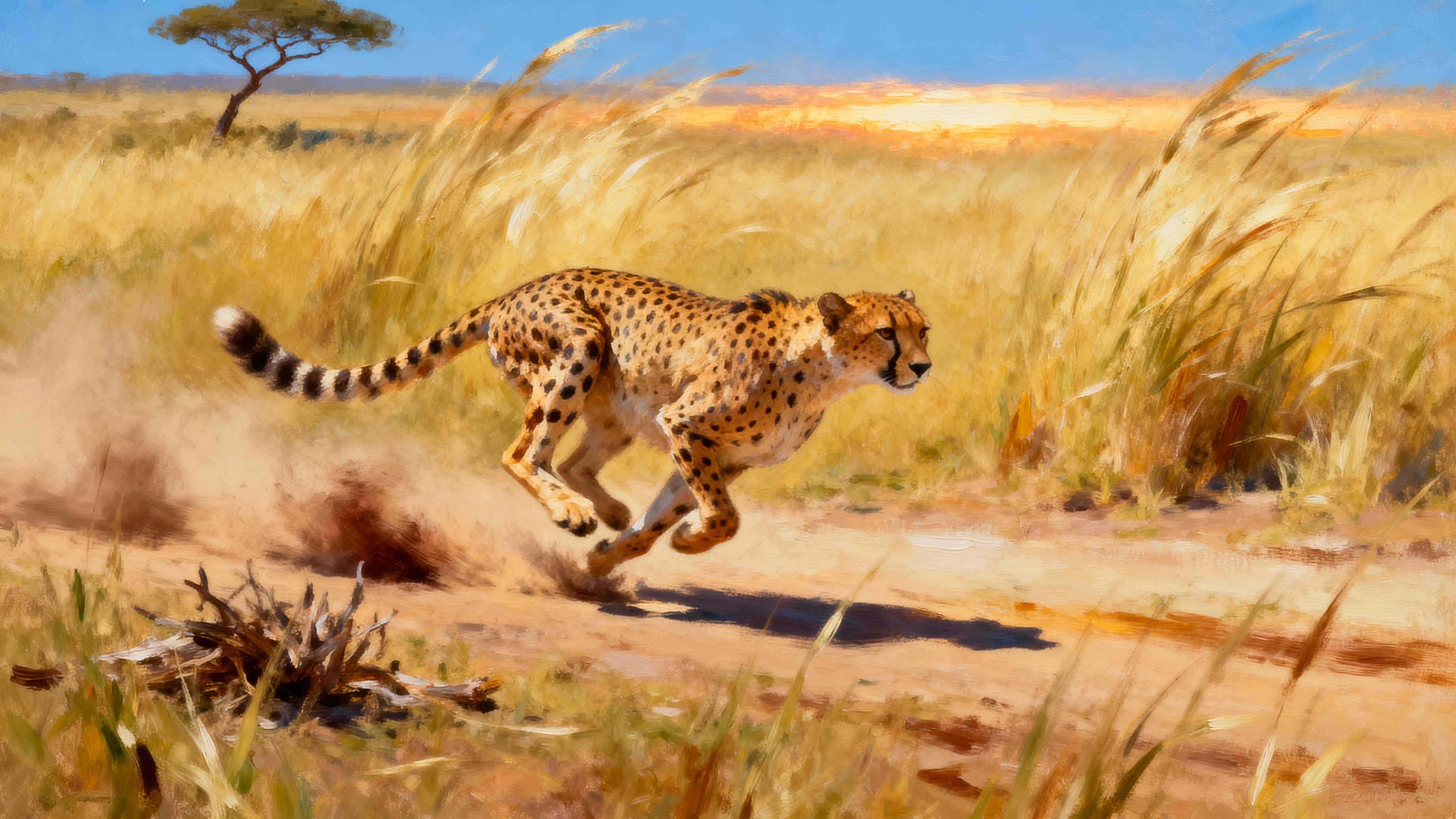 A motion-packed portrait of a cheetah sprinting across sunlit golden grass, blades bending and dust trailing, framed in cinematic 16:9 for dynamic impact and clarity.