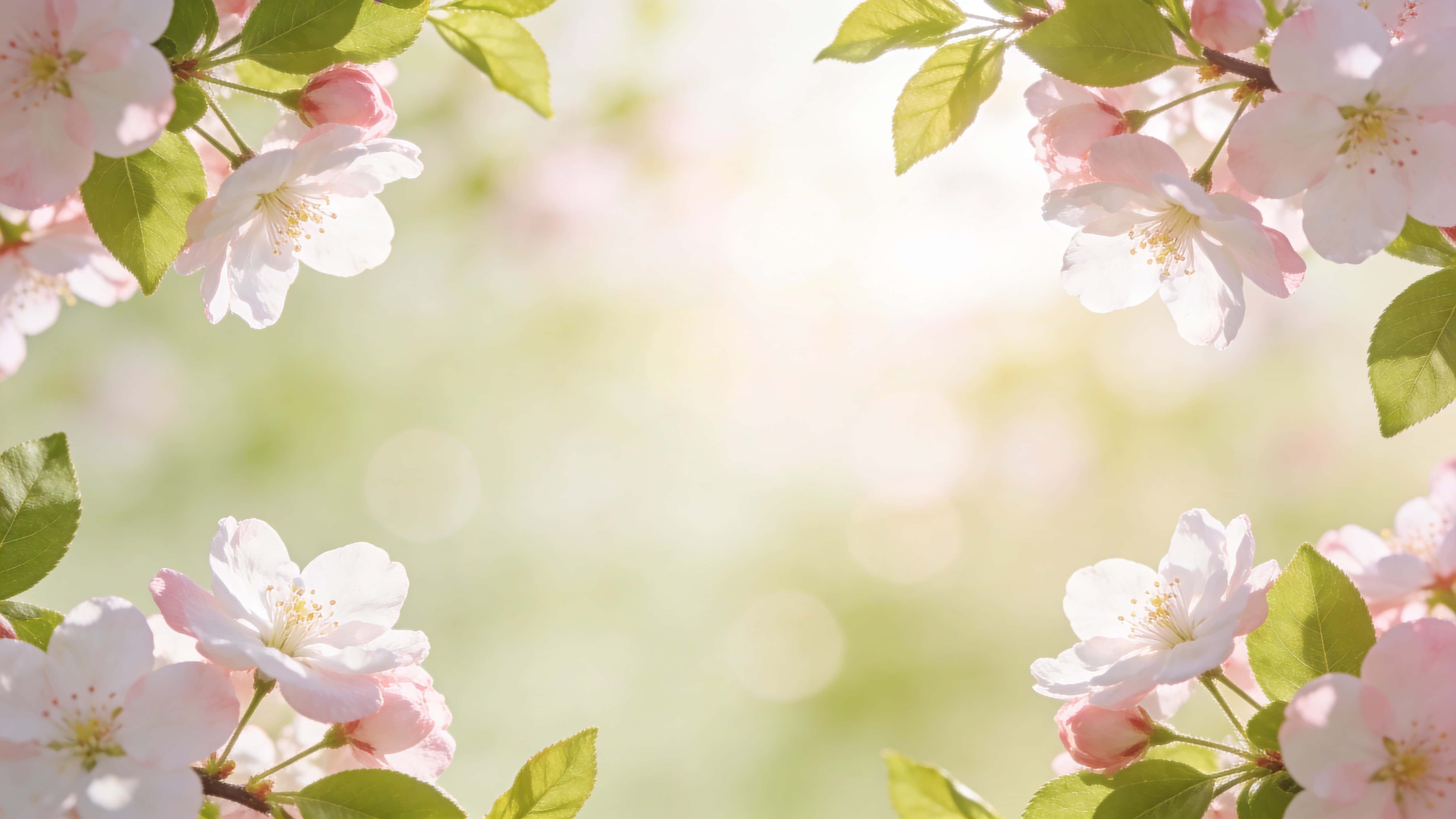 Soft spring floral background with cherry blossom branches framing the top corners and sides, pale pink and white blooms among fresh green leaves, and a bright smooth bokeh center left open for copy.