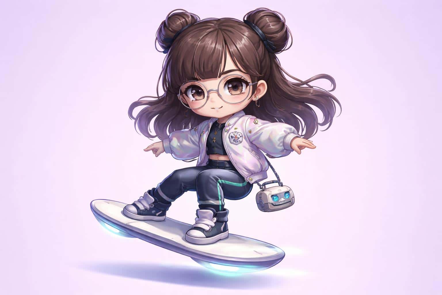 Full-body centered chibi girl with oversized round wire-frame glasses carving mid-air on a glossy white hoverboard against a seamless soft lavender background, wearing an iridescent satin bomber, navy neoprene pants with cyan and lilac accents, and a tiny robot-head pouch.