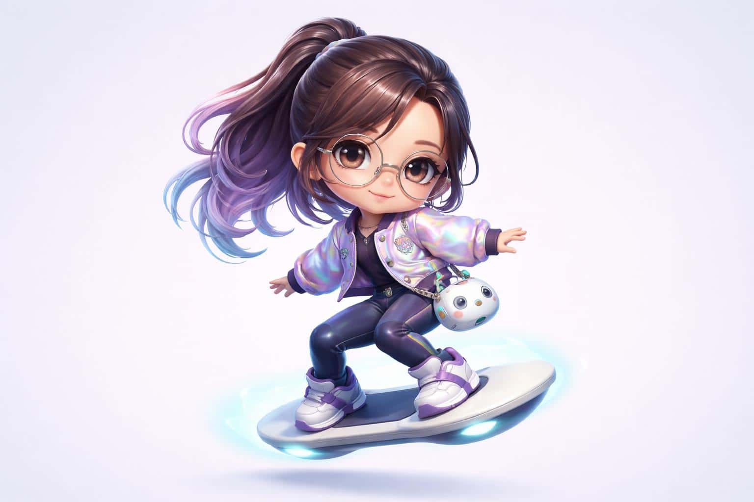 Full-body chibi girl with oversized round glasses smirks while carving mid-air on a glossy white hoverboard, wearing an iridescent satin bomber and navy neoprene pants against a seamless solid background.