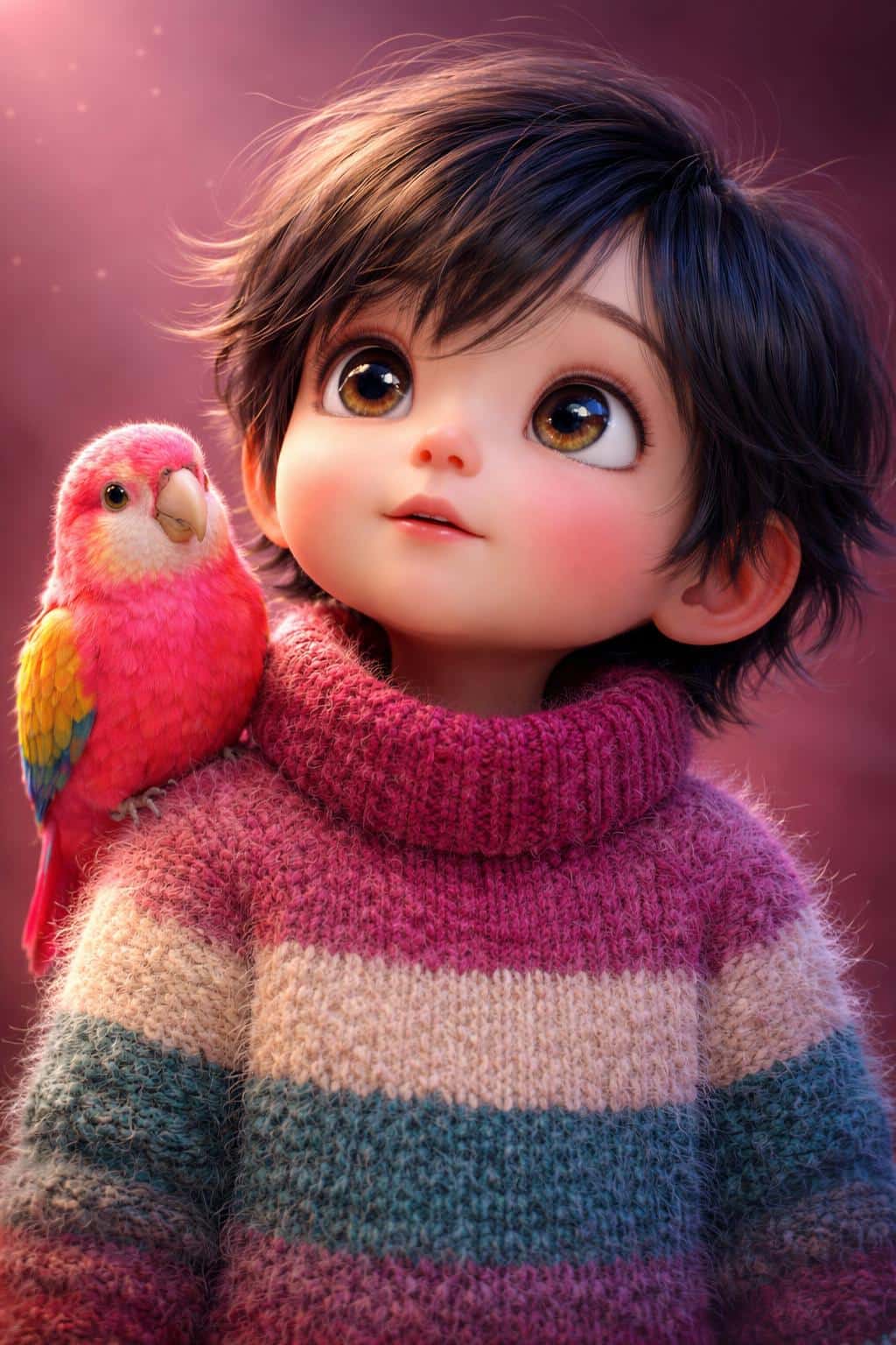 High-fidelity 3D render of a stylized child with a vibrant pink parrot, featuring soft lighting and intricate textures for a whimsical character portrait.