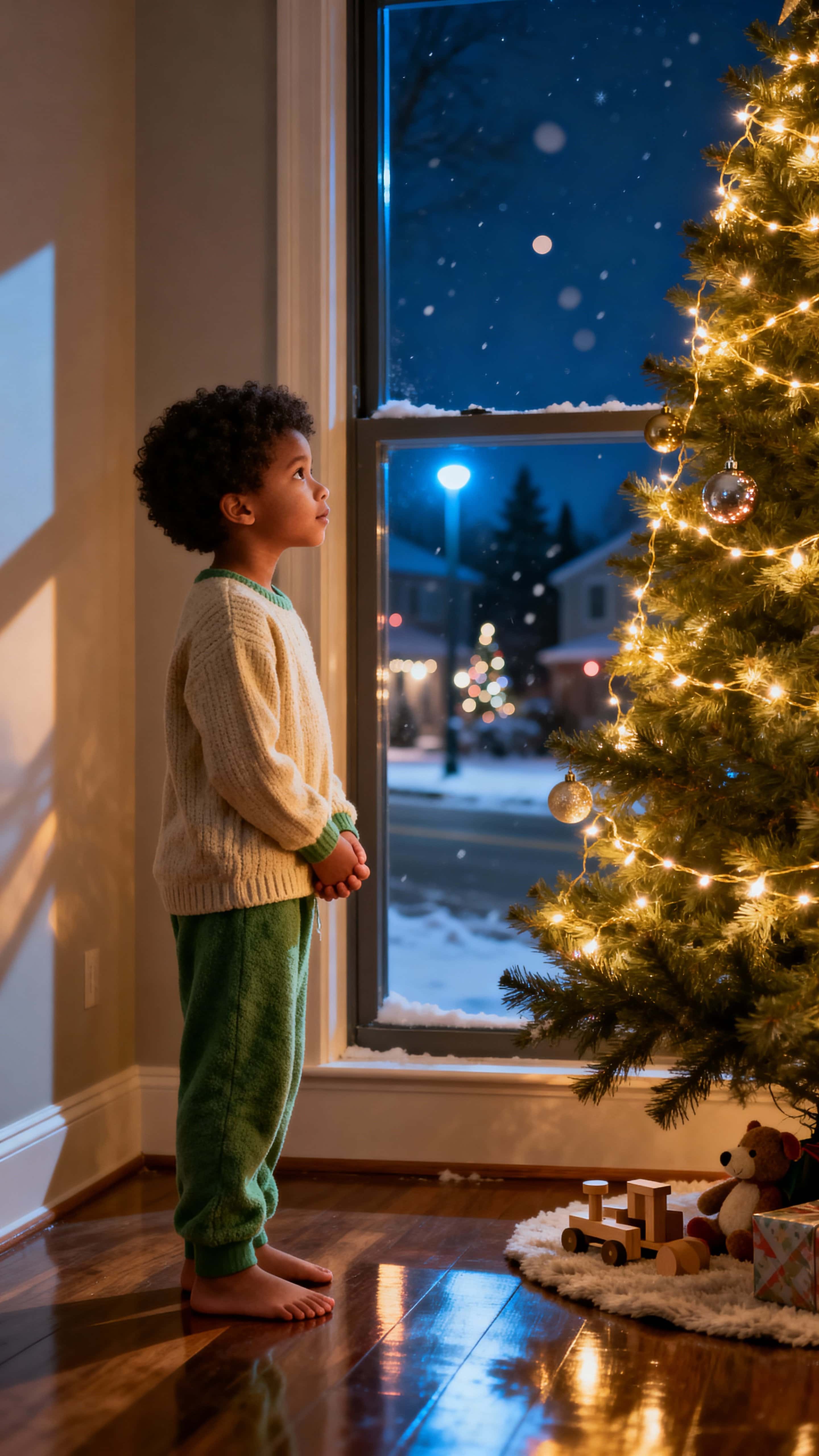 Photorealistic vertical scene of a child standing beside a softly glowing Christmas tree, gazing out a snowy street at night with a warm, hopeful mood.