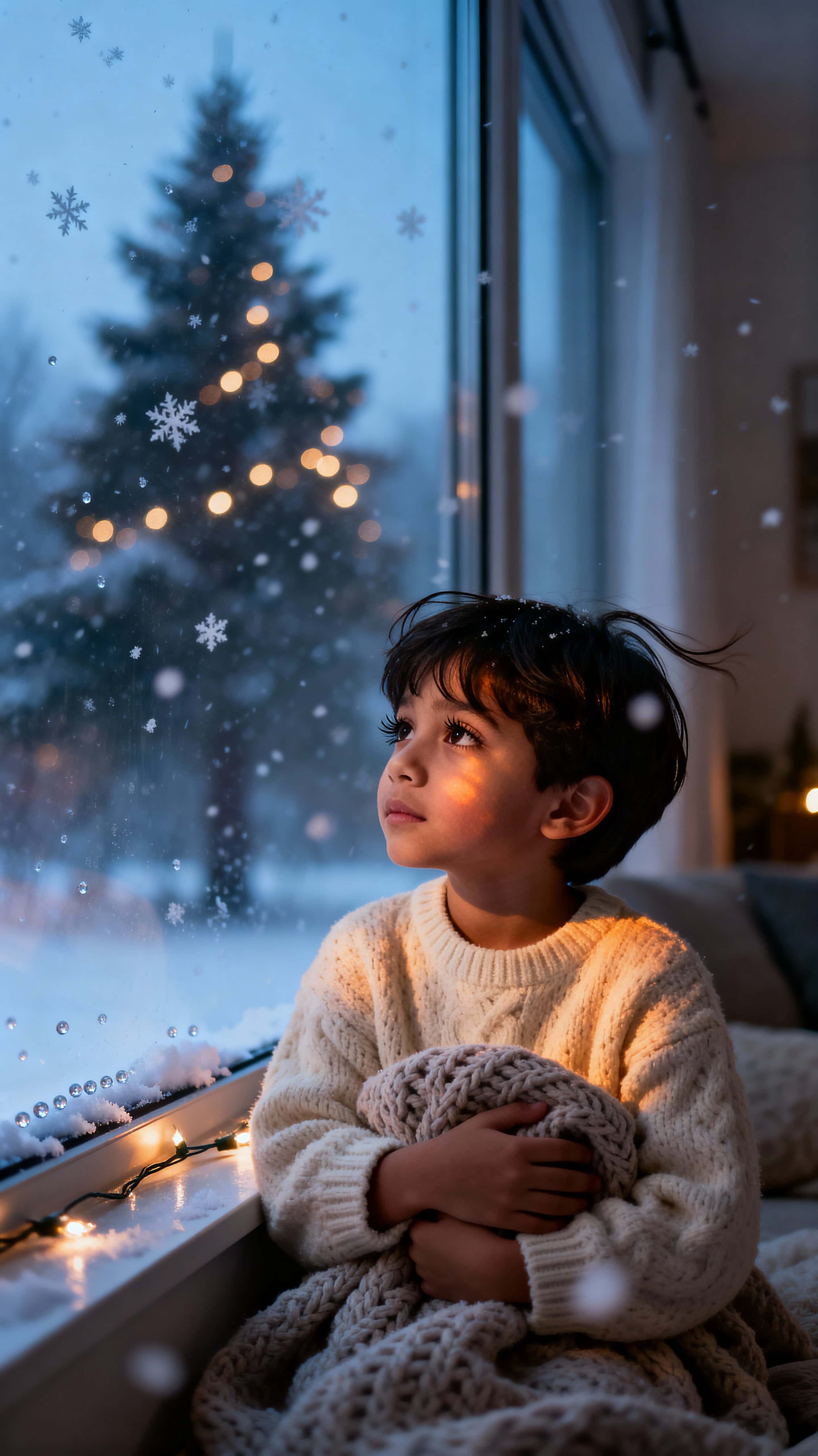 A vertical 9:16 photorealistic portrait of a child holding a blanket and watching gentle snowfall through a large window with cool blue outdoor light and warm Christmas reflections.