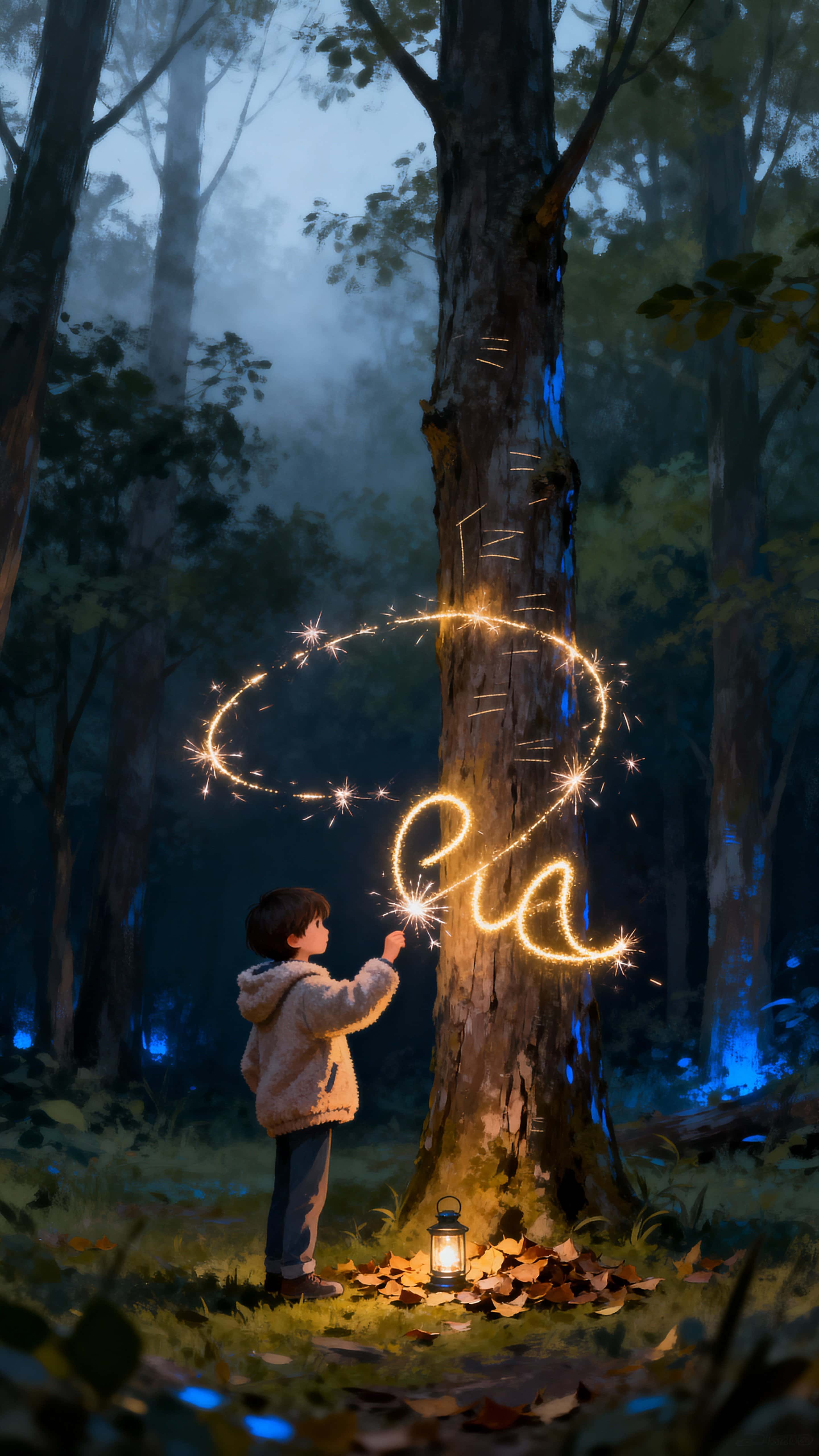 A child traces glowing words in midair with a sparkling trail that softly illuminates the nearby trees and ground, creating a quiet, enchanted vertical nighttime scene framed at 9:16.