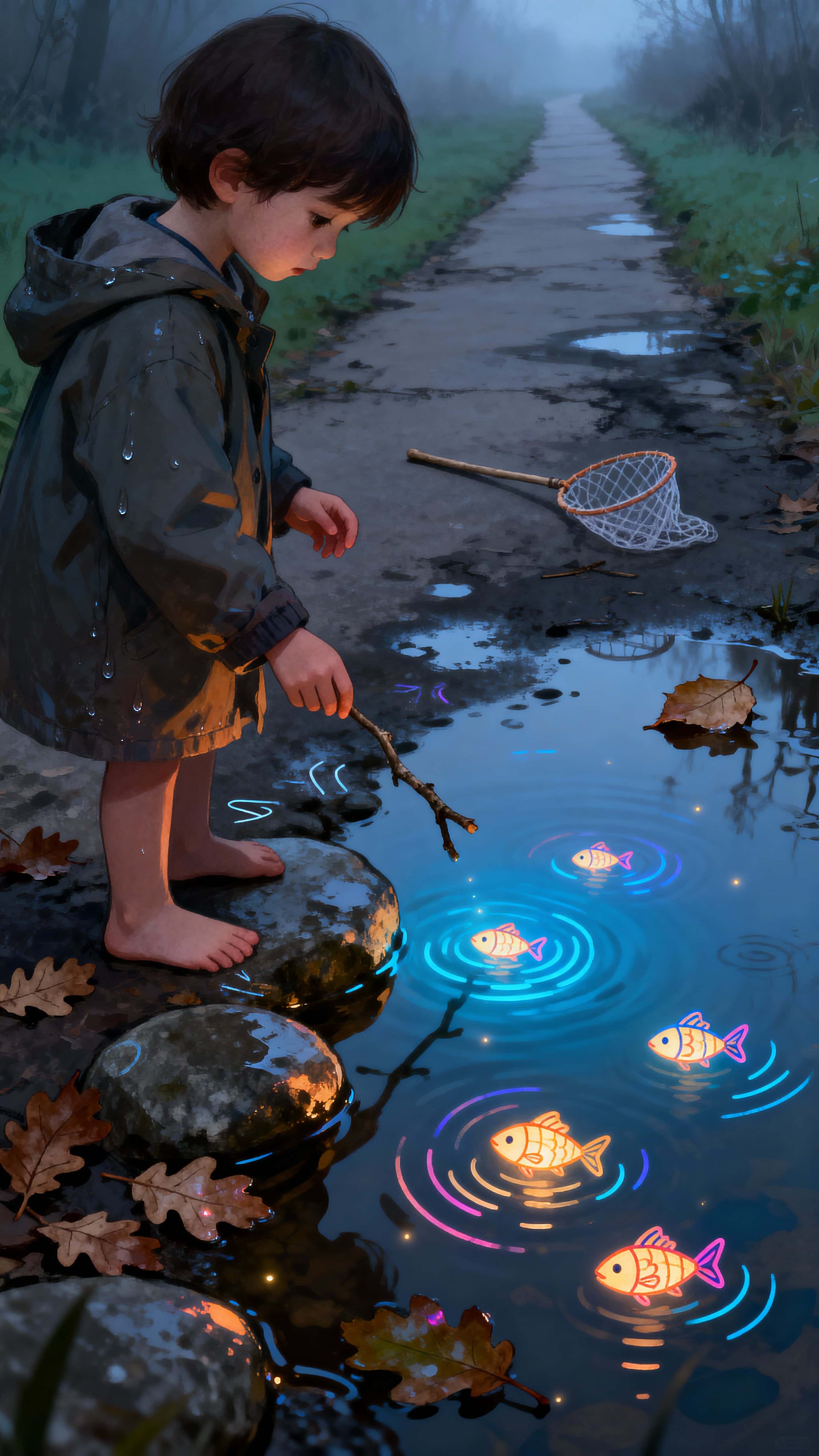 A child stands over a shallow puddle on a real path, reaching down to fish for tiny glowing doodle fish that flash like floating lights and ripple the surface.