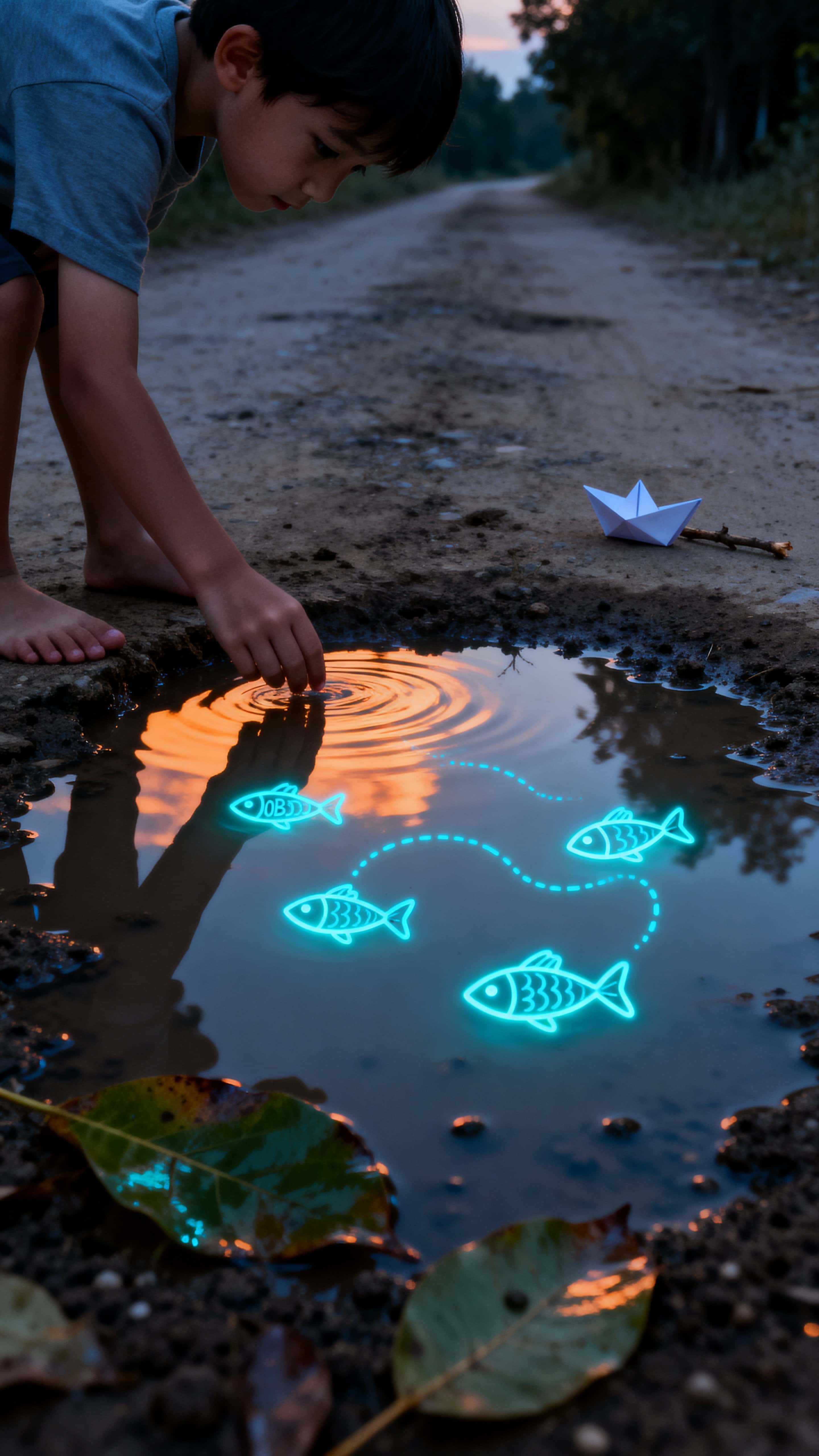 A child stands on a worn outdoor path and peers into a puddle while tiny glowing doodble fish swirl like fairy lights around the water, creating a quiet, curious evening moment.