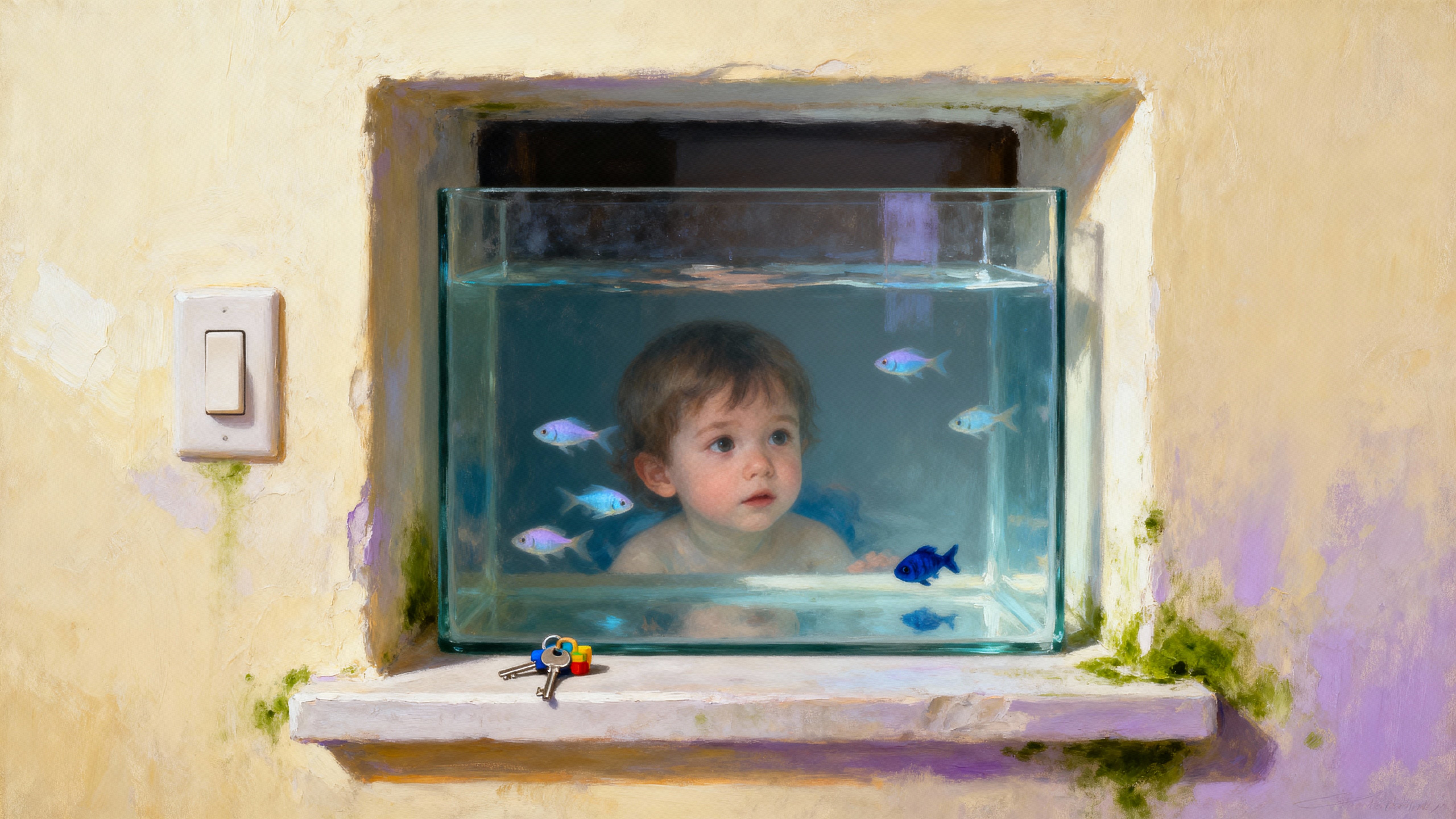 A light switch cover is removed to reveal a small glass tank set into the wall, filled with water, tiny fish, and a miniature child peering in with curious intent.