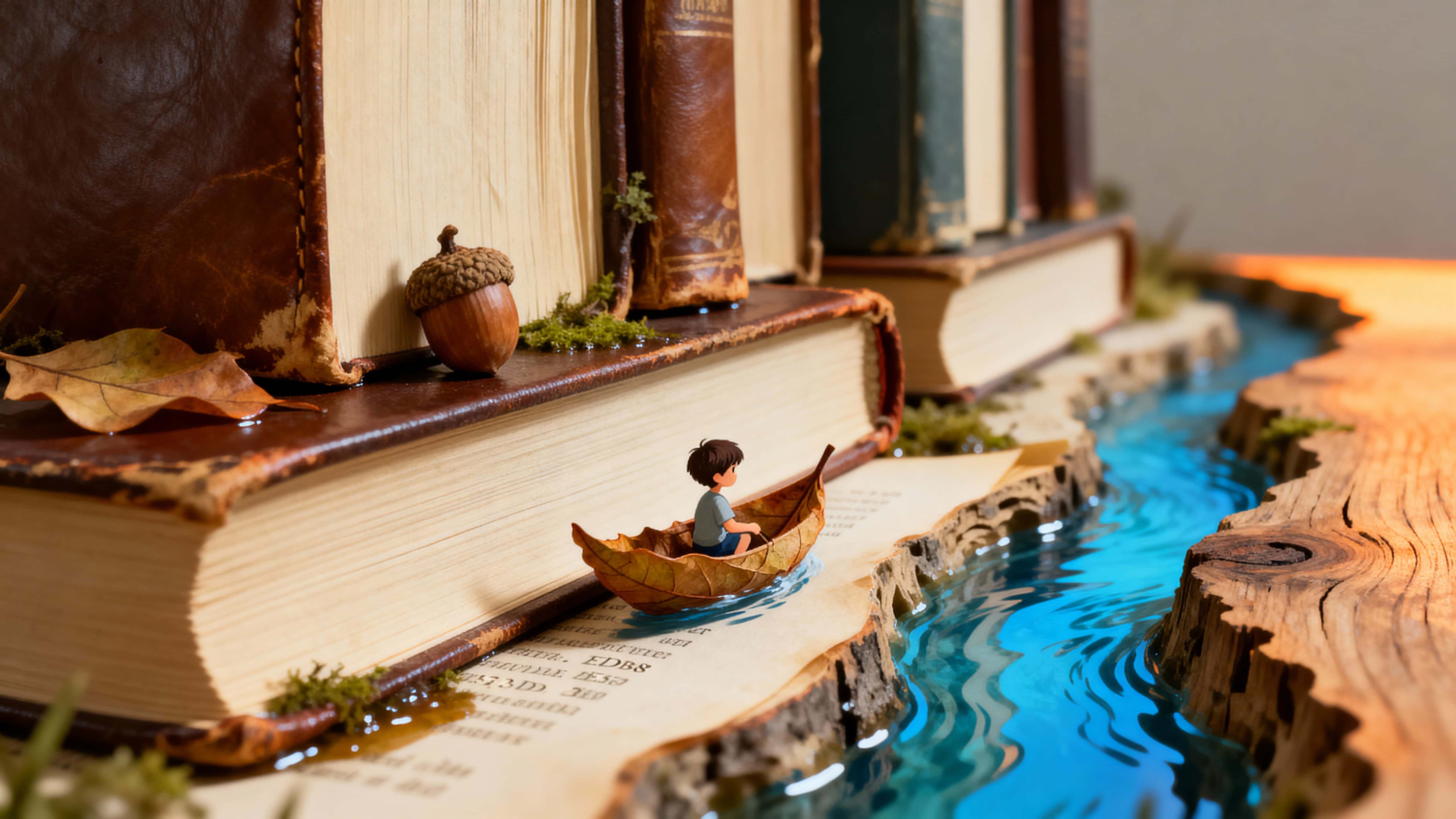 A tiny child in a fragile leaf boat drifts along a blue river carved through a stack of old books, with warm paper tones and green foliage framing a dreamy, intimate scene.