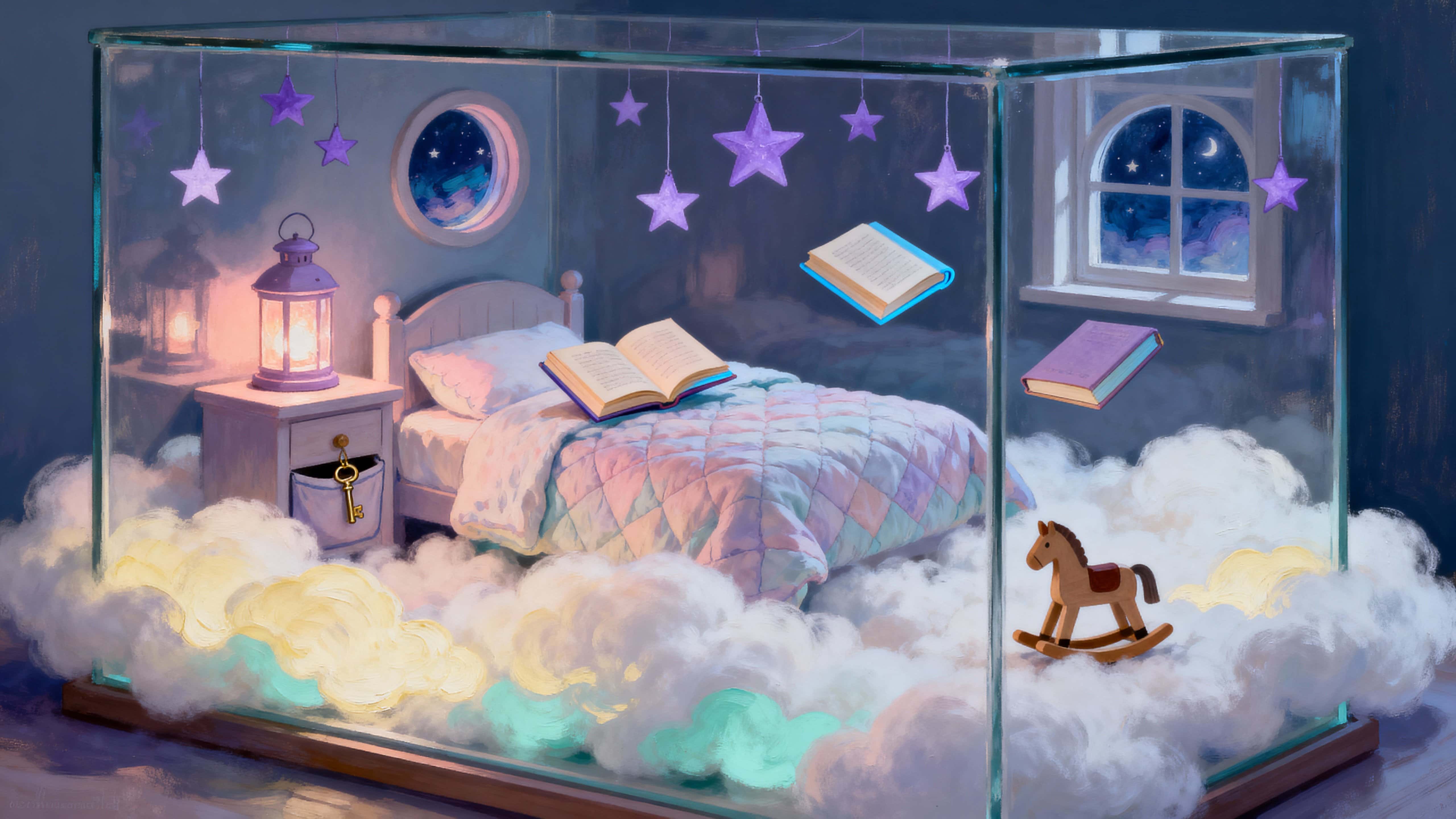 A small child’s bedroom rests on a fluffy cloud inside a glass case, with books drifting around a low bed, dangling stars, and a tiny window framing a painted night sky visible through the pane.