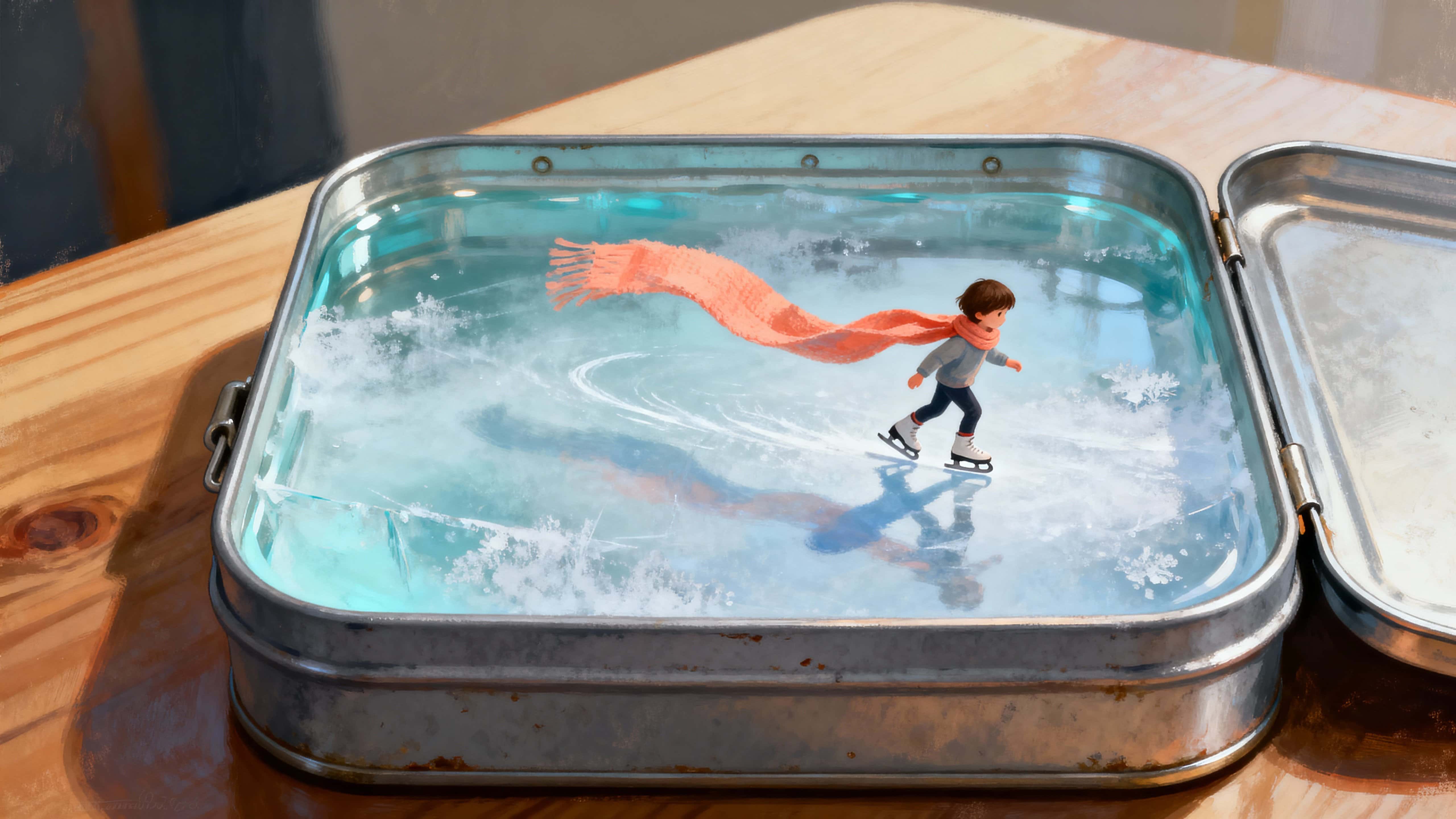 A tiny child in a bright scarf skates across a frozen miniature pond inside an open metal lunchbox, the scene playful and quiet with a hint of winter magic and everyday wonder.