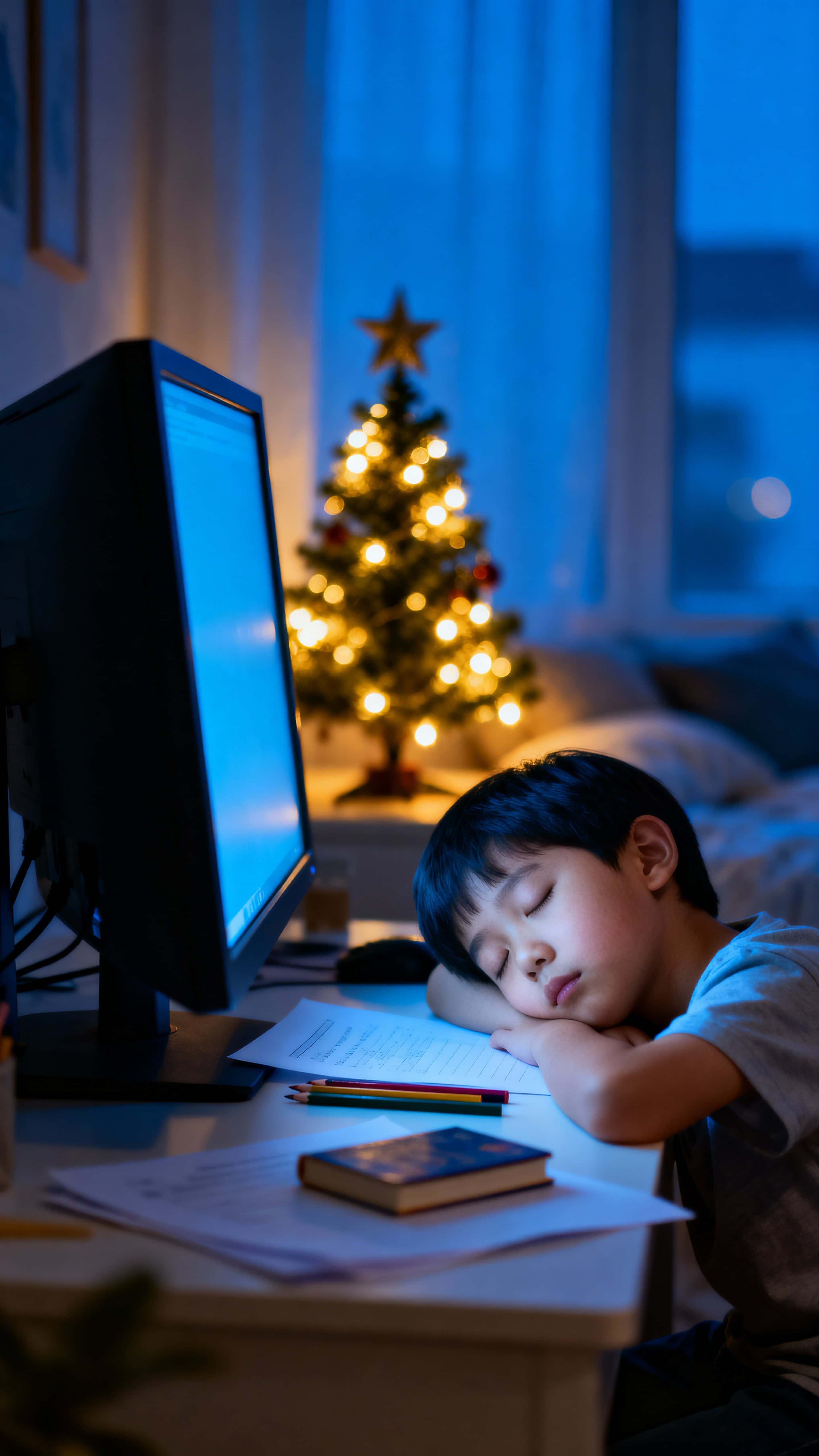 A peaceful late-night moment of a child falling asleep at a desk, face softly lit by the cool computer glow while a small Christmas tree casts warm golden light and papers lie scattered.